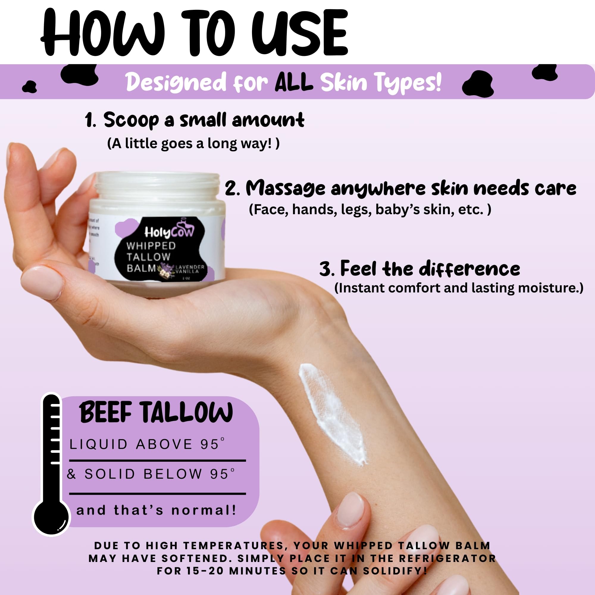 HolyCow Beef Tallow for Skin | Whipped Balm with Organic Jojoba Oil – Grass-Fed Tallow Moisturizer for Eczema, Baby & Lip Care – Lavender Vanilla