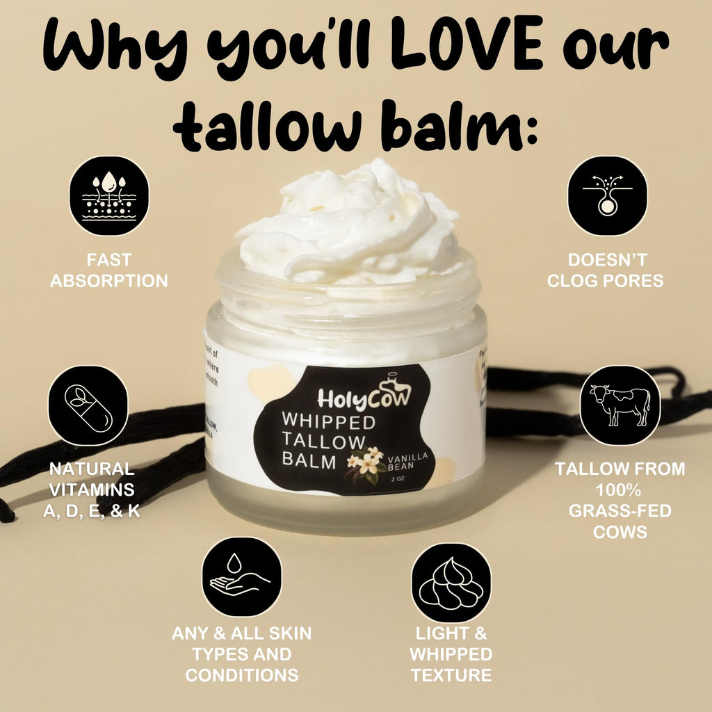 HolyCow Beef Tallow For Skin – Whipped Balm with Organic Jojoba Oil | Face & Body Moisturizer