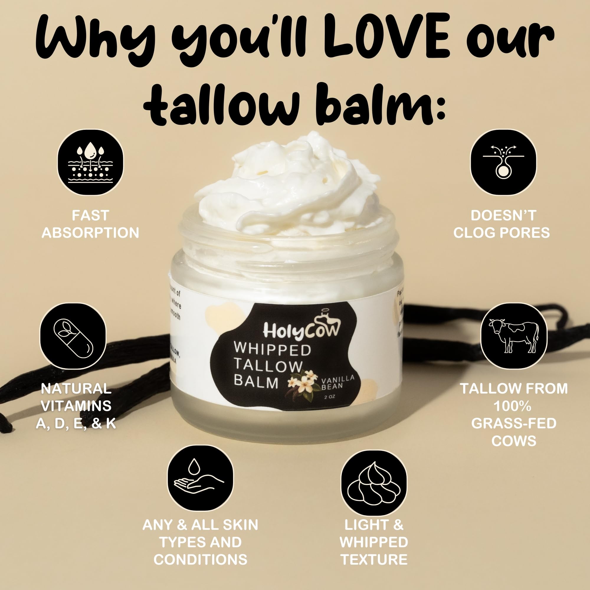 HolyCow Beef Tallow For Skin – Whipped Balm with Organic Jojoba Oil | Face & Body Moisturizer