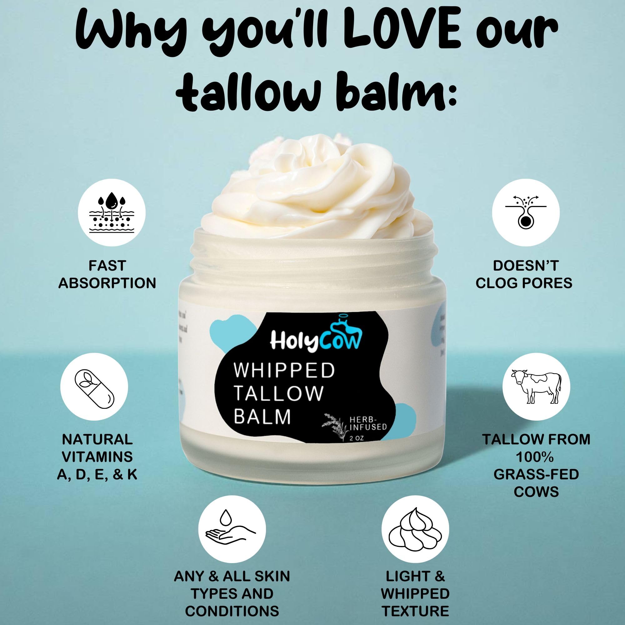 HolyCow Whipped Beef Tallow Balm – Unscented Skin Moisturizer with Organic Jojoba Oil