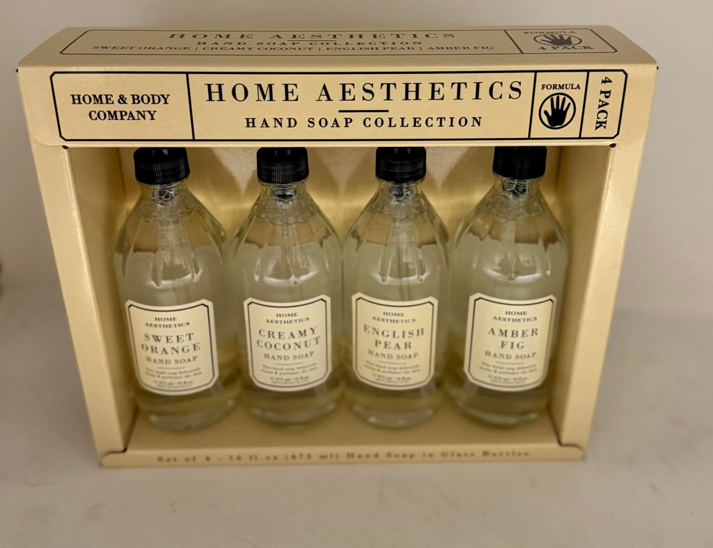Home and Body Company Hand Wash Set of 4 – Ultra Moisturizing Formula in Glass Bottles | Sweet Orange, Creamy Coconut, English Pear, Amber Fig