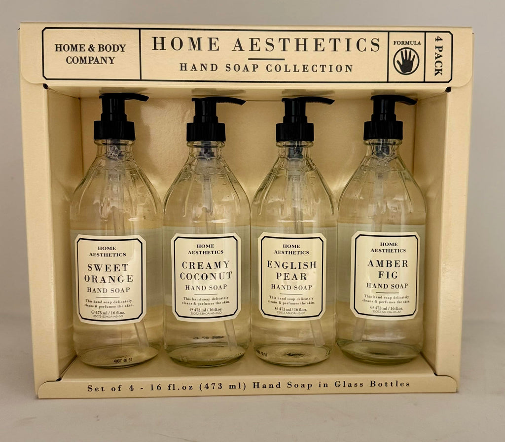 Home and Body Company Hand Wash Set of 4 – Ultra Moisturizing Formula in Glass Bottles | Sweet Orange, Creamy Coconut, English Pear, Amber Fig