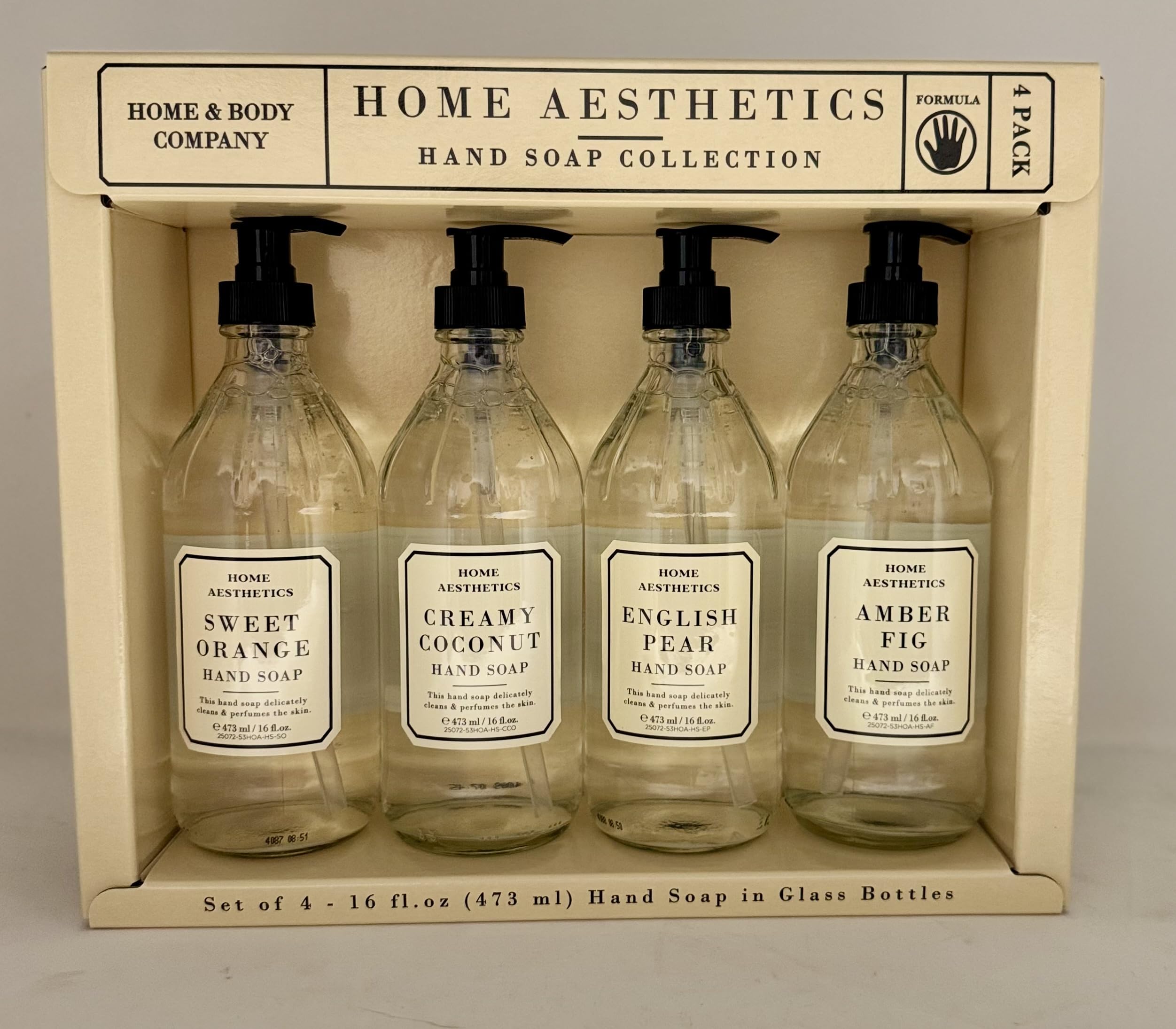 Home and Body Company Hand Wash Set of 4 – Ultra Moisturizing Formula in Glass Bottles | Sweet Orange, Creamy Coconut, English Pear, Amber Fig
