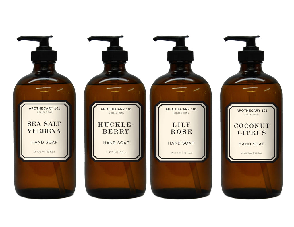 Apothecary 101 Hand Soap Set – 4 Scents in Amber Glass, 16 oz | Home & Body Company
