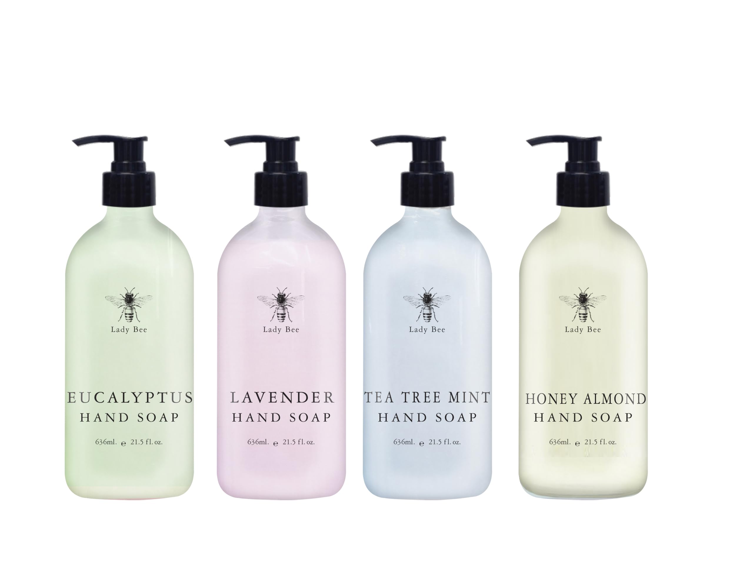 Home & Body Company Lady Bee Hand Soap Set – 4 Pack (21.5 fl oz Each) with Eucalyptus, Lavender, Tea Tree Mint & Honey Almond