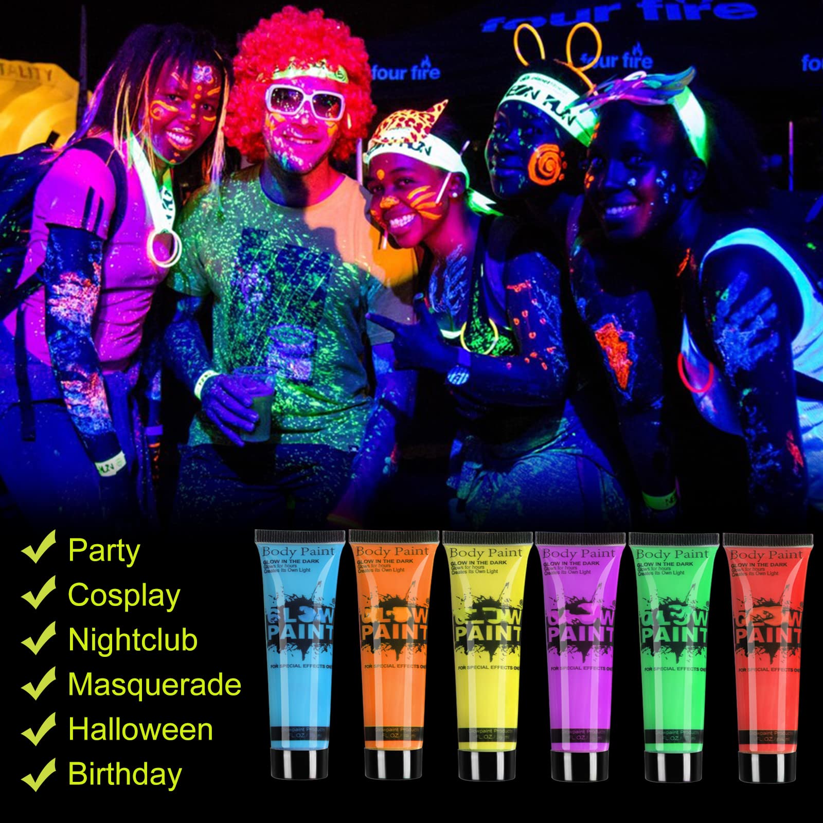 HomeHere Glow in Dark Face & Body Paint – UV Neon Fluorescent Colors (6-Tube Set)