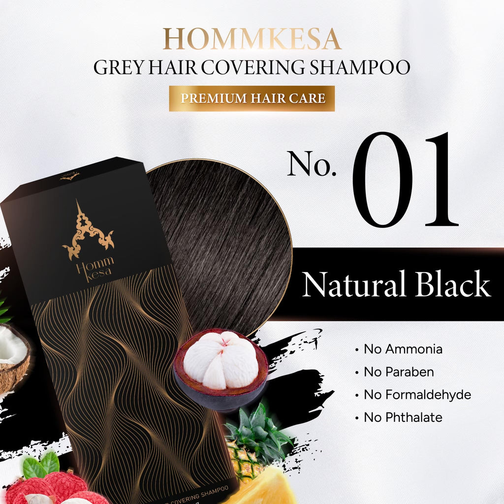 Hommkesa Grey Hair Covering Shampoo (6 Pack) – 3-in-1 Dye & Nourish for Grey Hair (Natural Black)