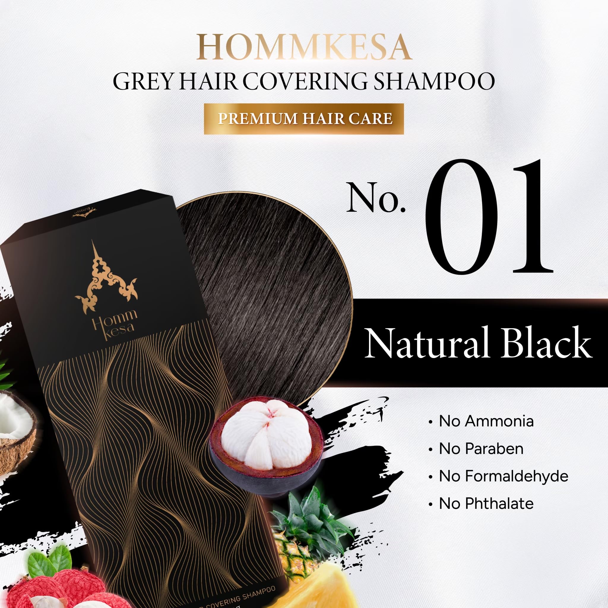 Hommkesa Grey Hair Covering Shampoo (6 Pack) – 3-in-1 Dye & Nourish for Grey Hair (Natural Black)