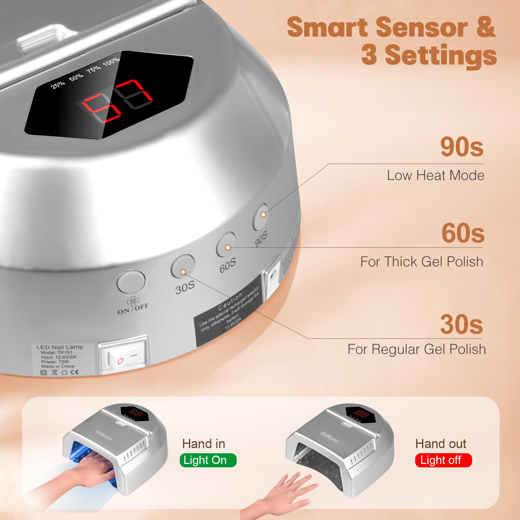 HoMove 72W Cordless UV LED Nail Lamp with Fan — Pro Gel Curing for Salon and Home (Silver)