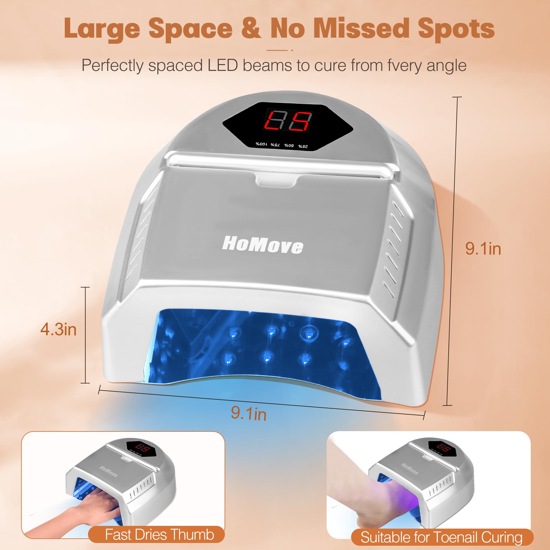 HoMove 72W Cordless UV LED Nail Lamp with Fan — Pro Gel Curing for Salon and Home (Silver)