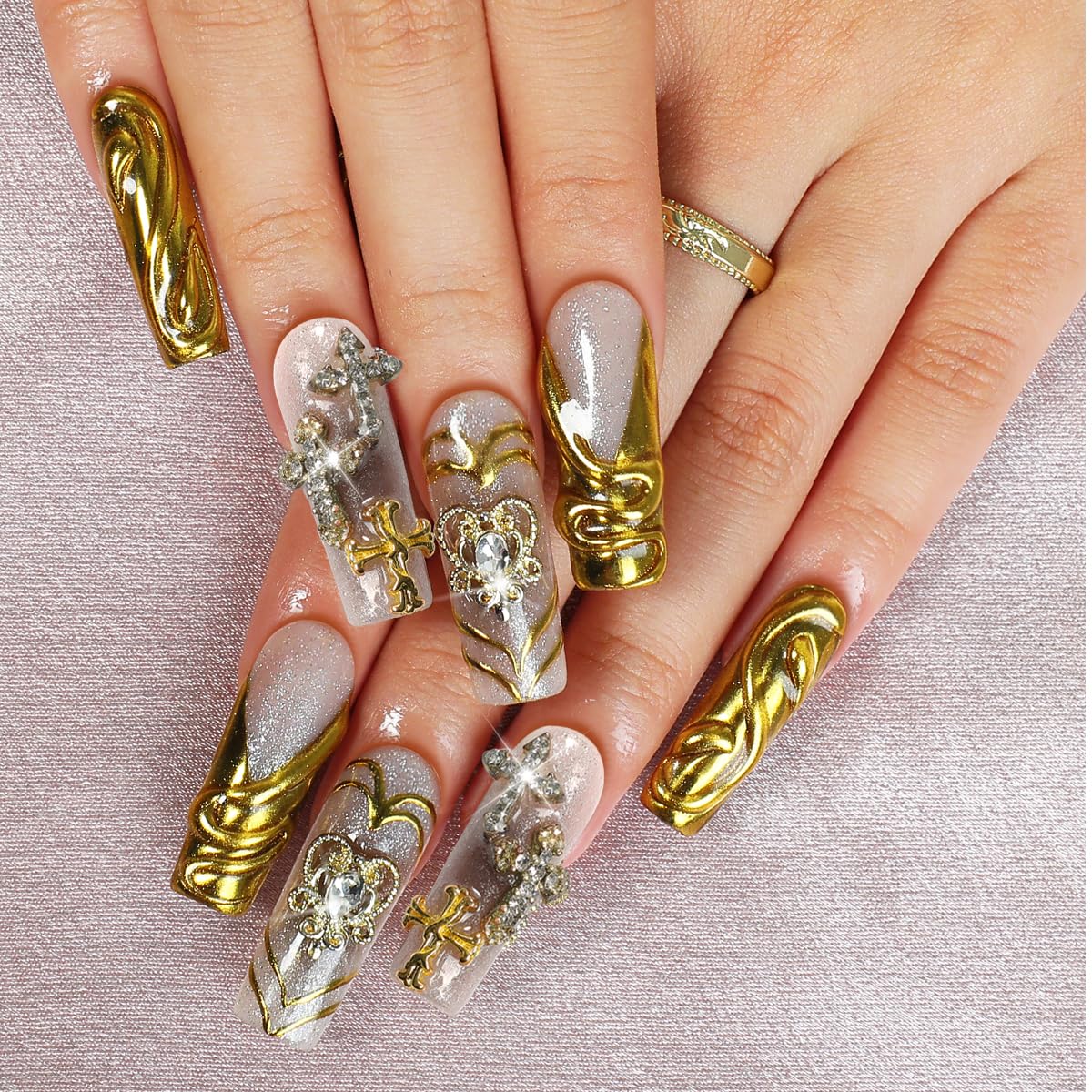 Homsera Handmade XL Press-On Nails – Gold French Tips with 3D Cross Heart Charms