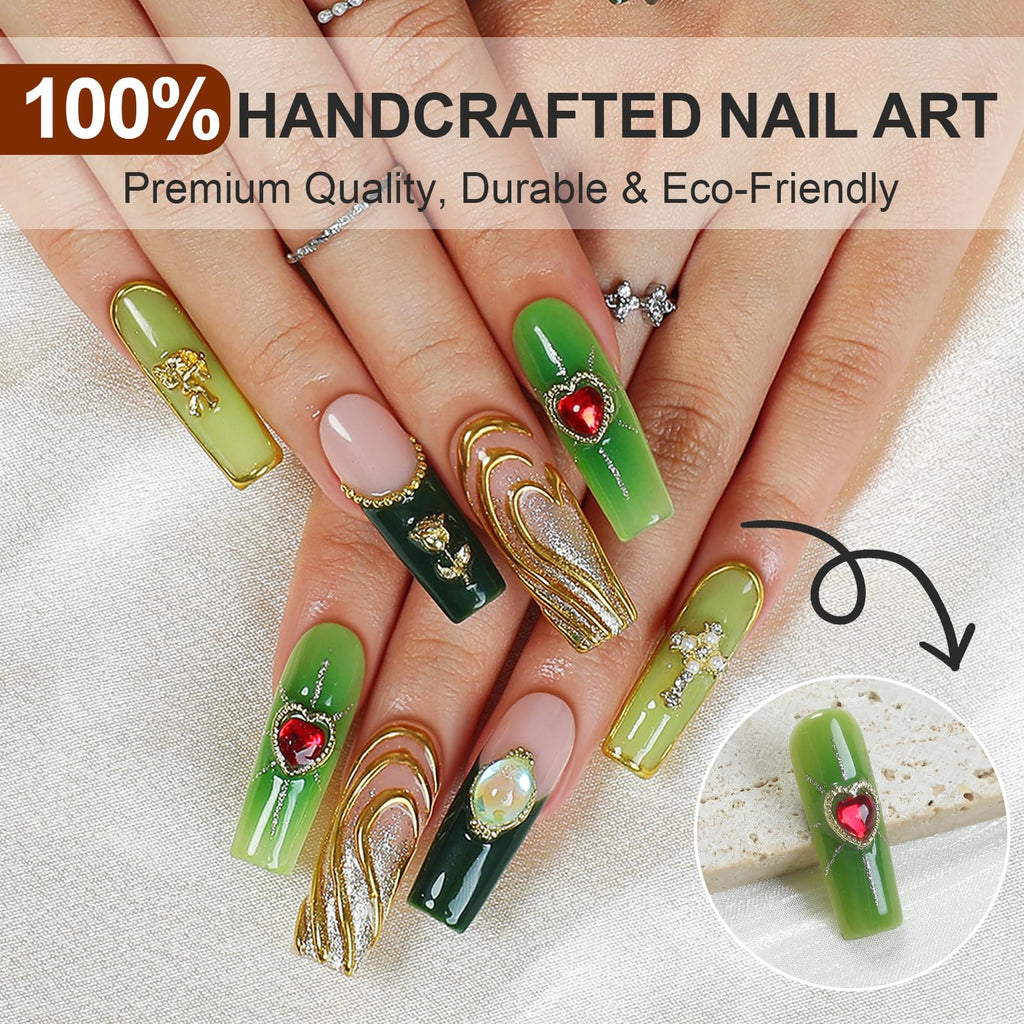 Homsera Handmade Press-On Nails – Long Square XL Green & Gold Glitter with 3D Flower, Heart & Cross (10 Pcs)