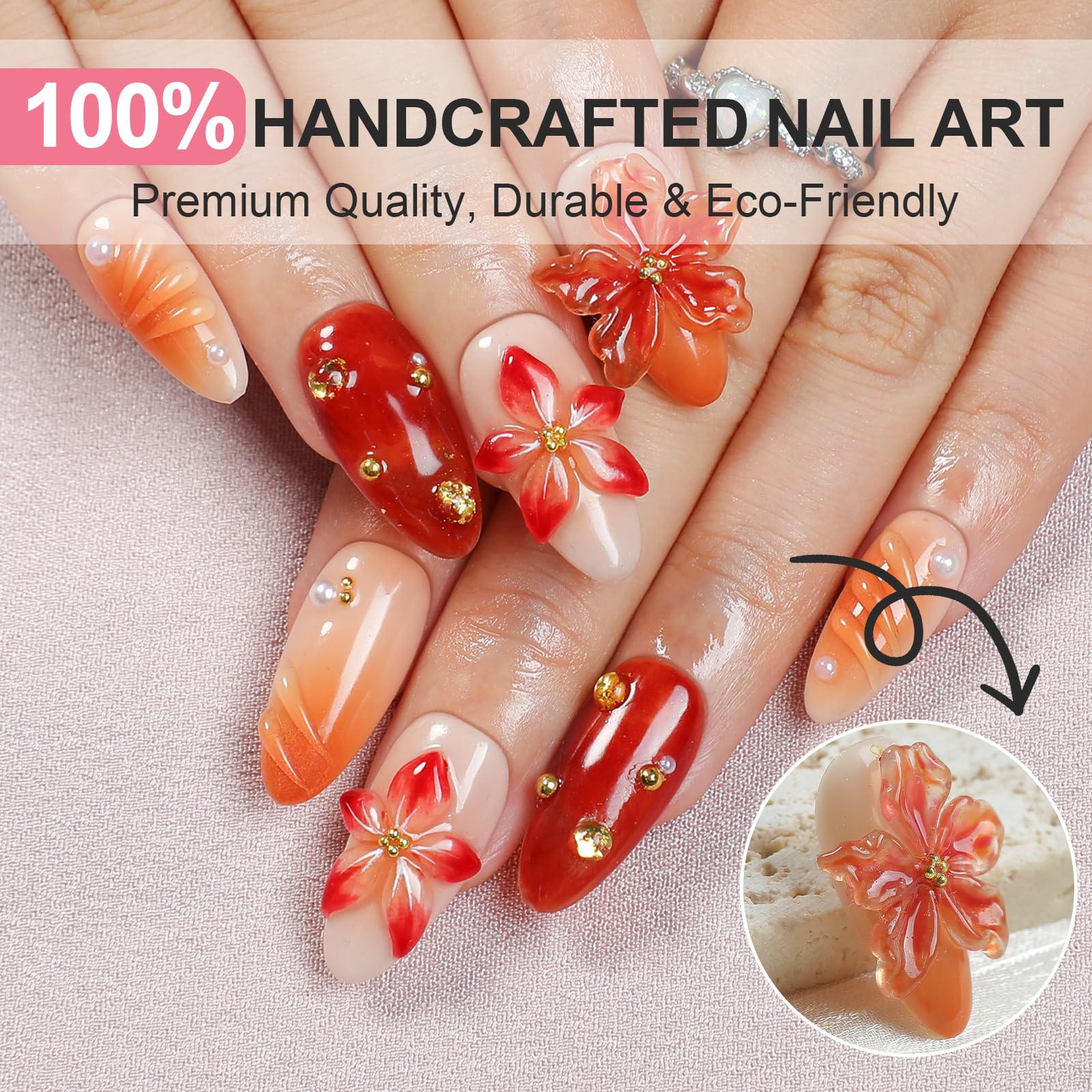 Homsera Handmade Almond Press-On Nails – French Tips, 3D Flowers & Rhinestones, Short & Reusable, Fall/Winter Collection, 10 Pcs