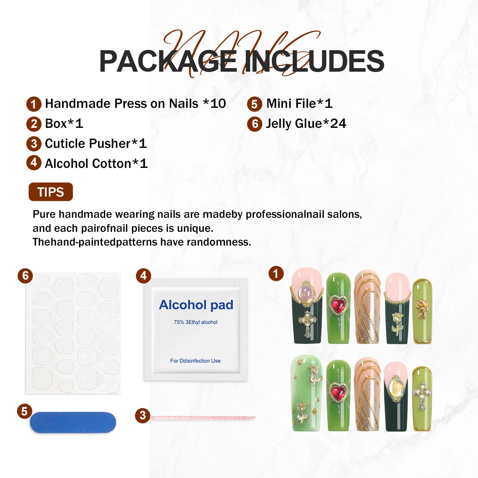 Homsera Handmade Press-On Nails – Long Square XL Green & Gold Glitter with 3D Flower, Heart & Cross (10 Pcs)