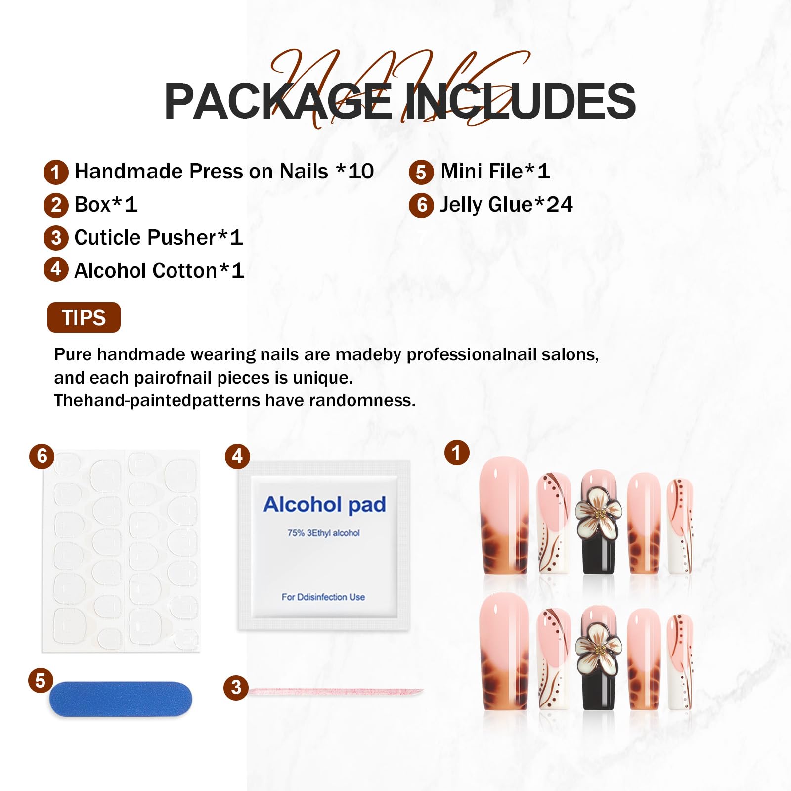 Homsera Ethereal Blossom Square Press-On Nails – Watercolor Marble Base with 3D Floral Embellishment