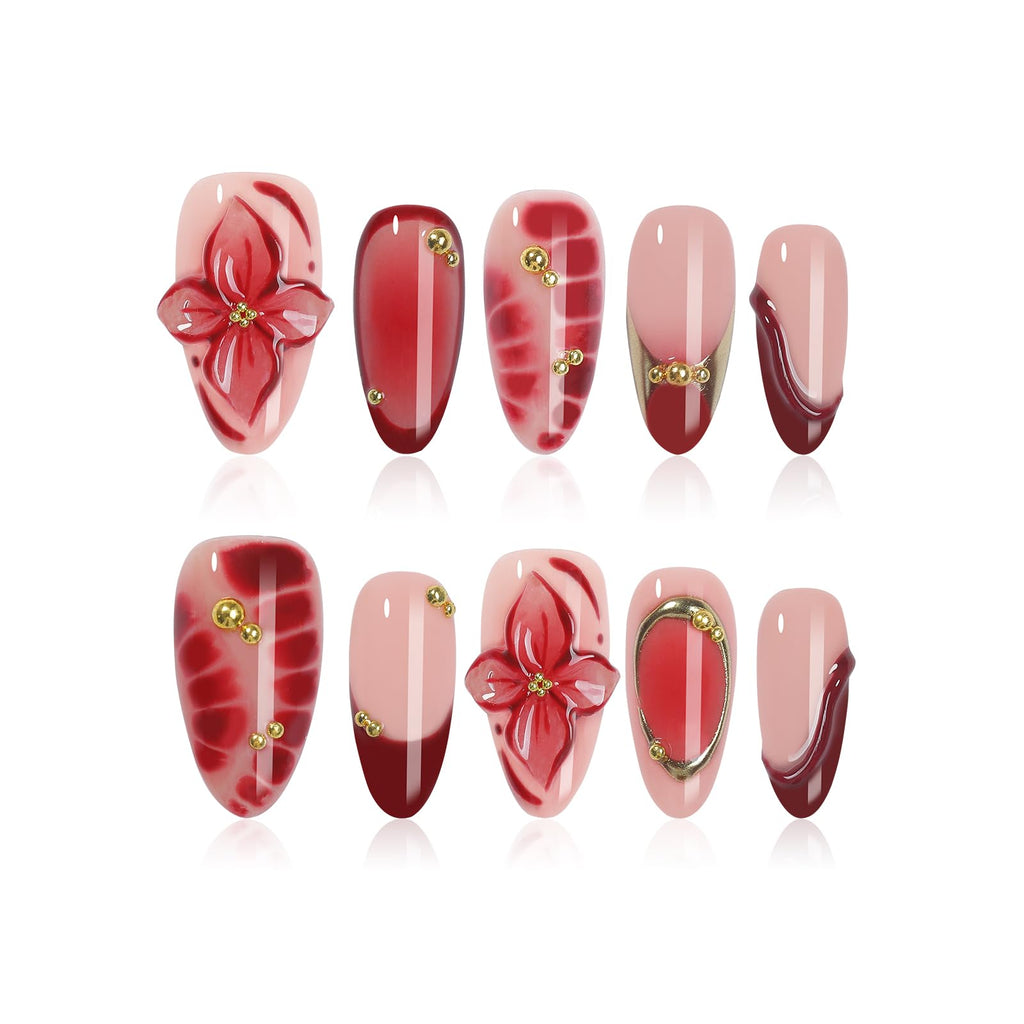 Homsera Handmade Almond Press-On Nails – 3D Flowers & Rhinestones, Short, Reusable, Salon-Quality (10 Pcs)