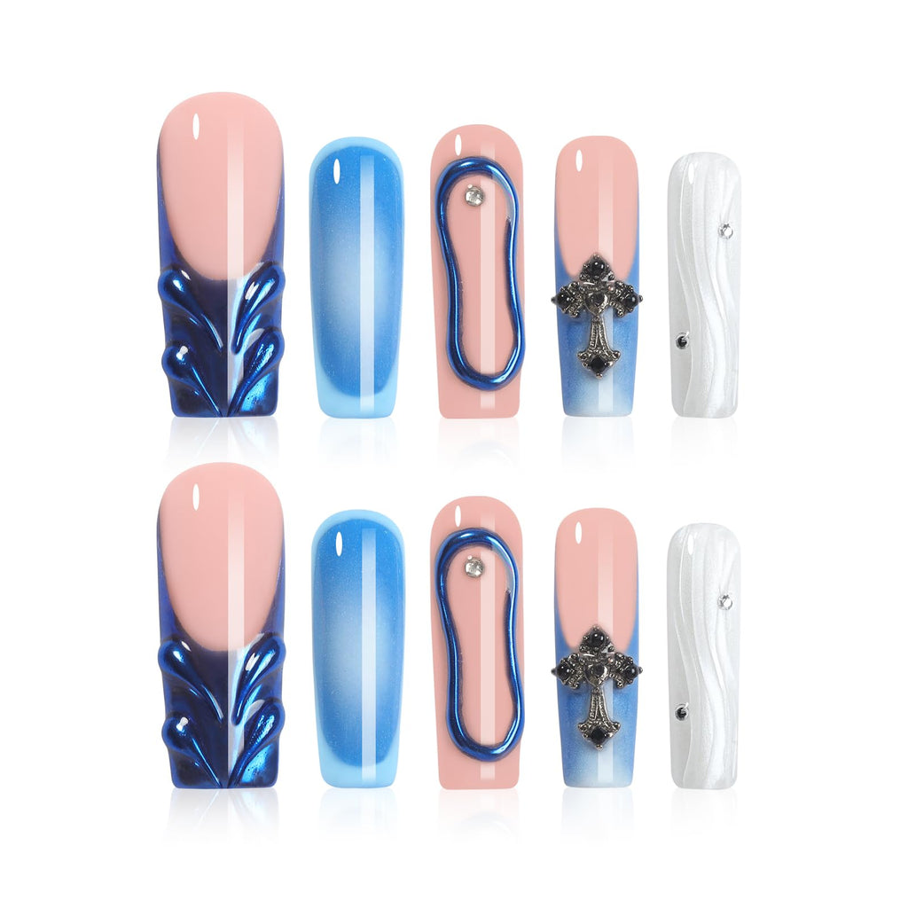 Homsera Blue Handmade XL Square Press-On Nails – 3D Cross & Circle Decor, Reusable Full-Cover Tips