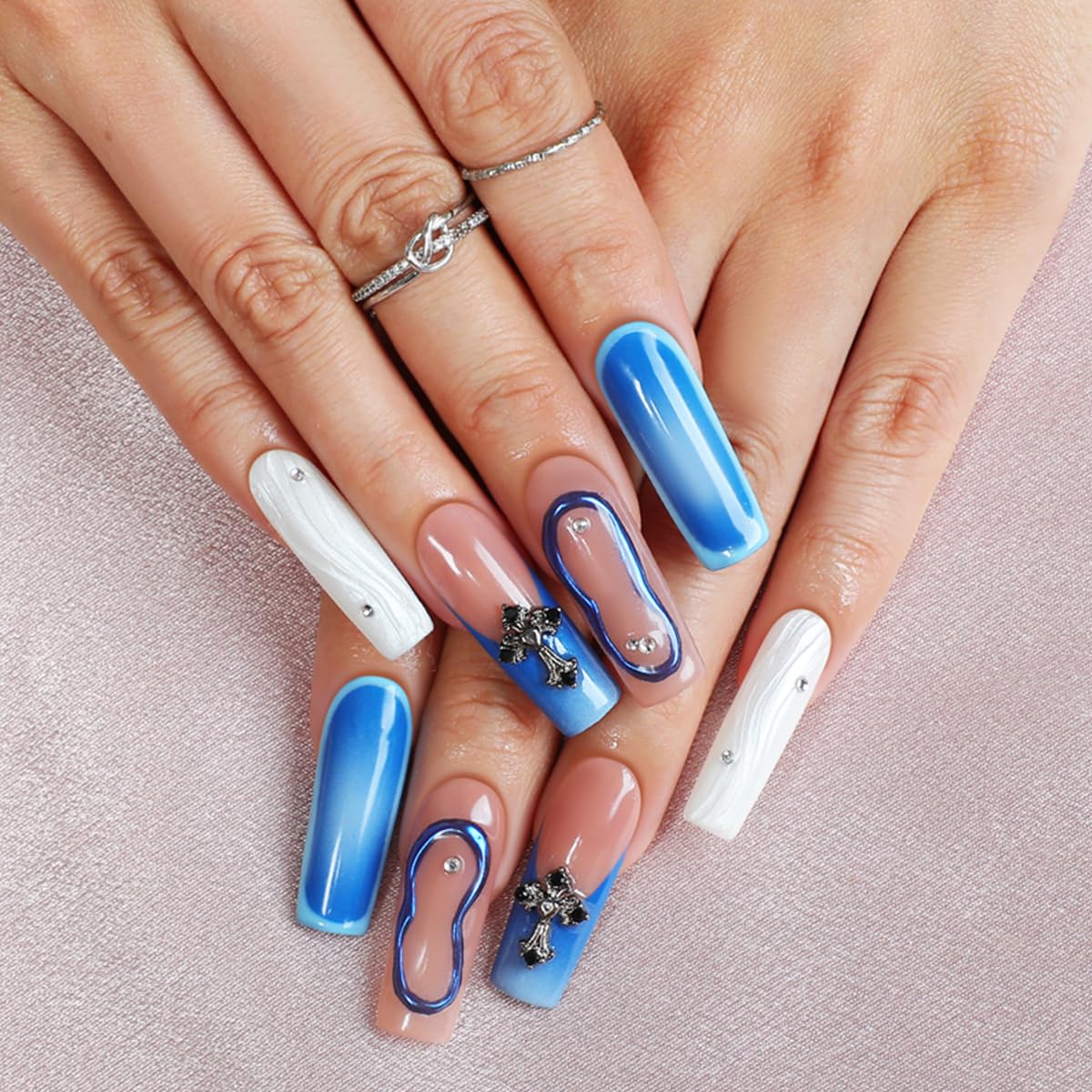 Homsera Blue Handmade XL Long Square Press-On Nails with 3D Cross & Circle Decor – Reusable Full-Cover Acrylic Nails