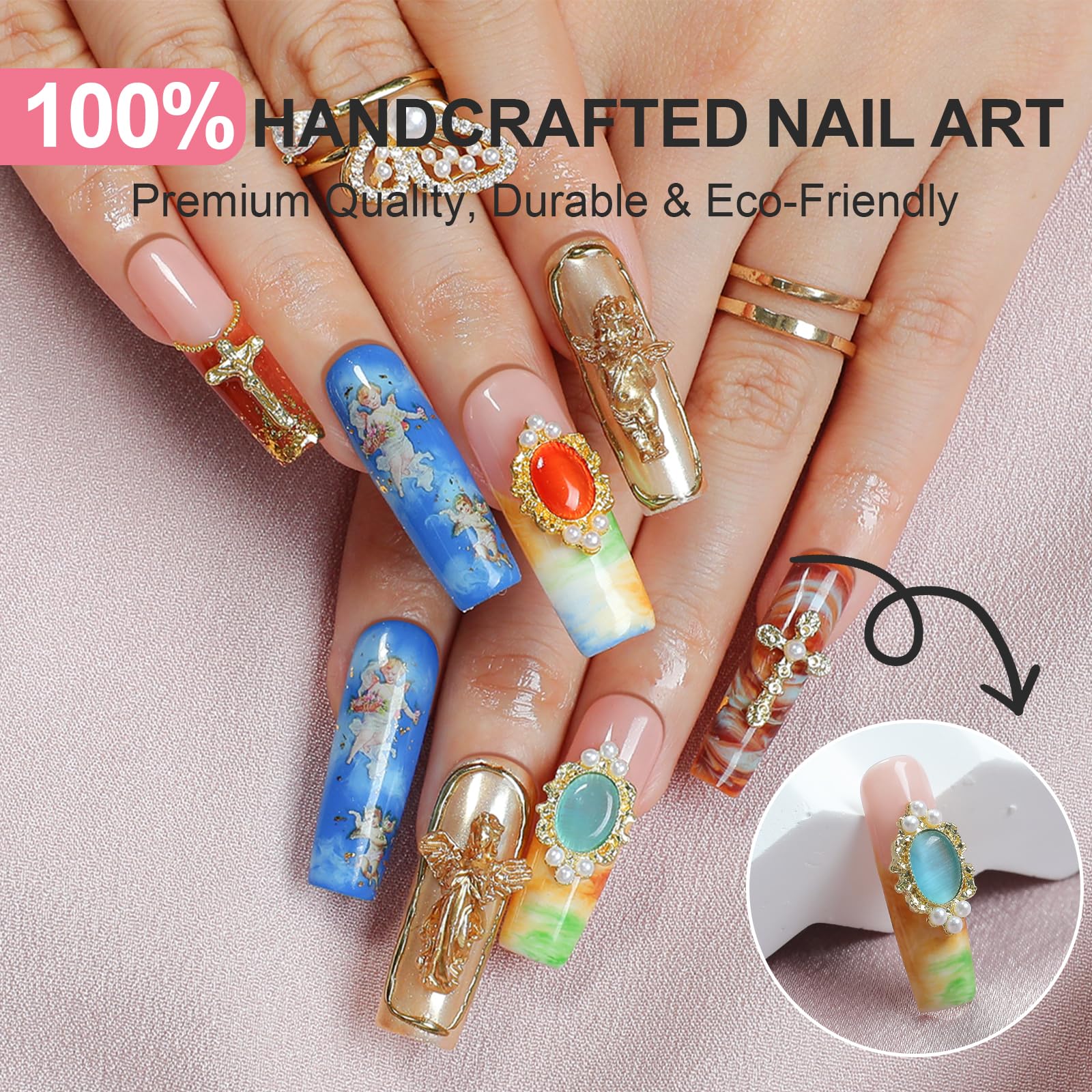 Homsera Handmade Press-On Nails – 3D Cherub & Cloud Design with Luminous Ethereal Base | Reusable At-Home Manicure