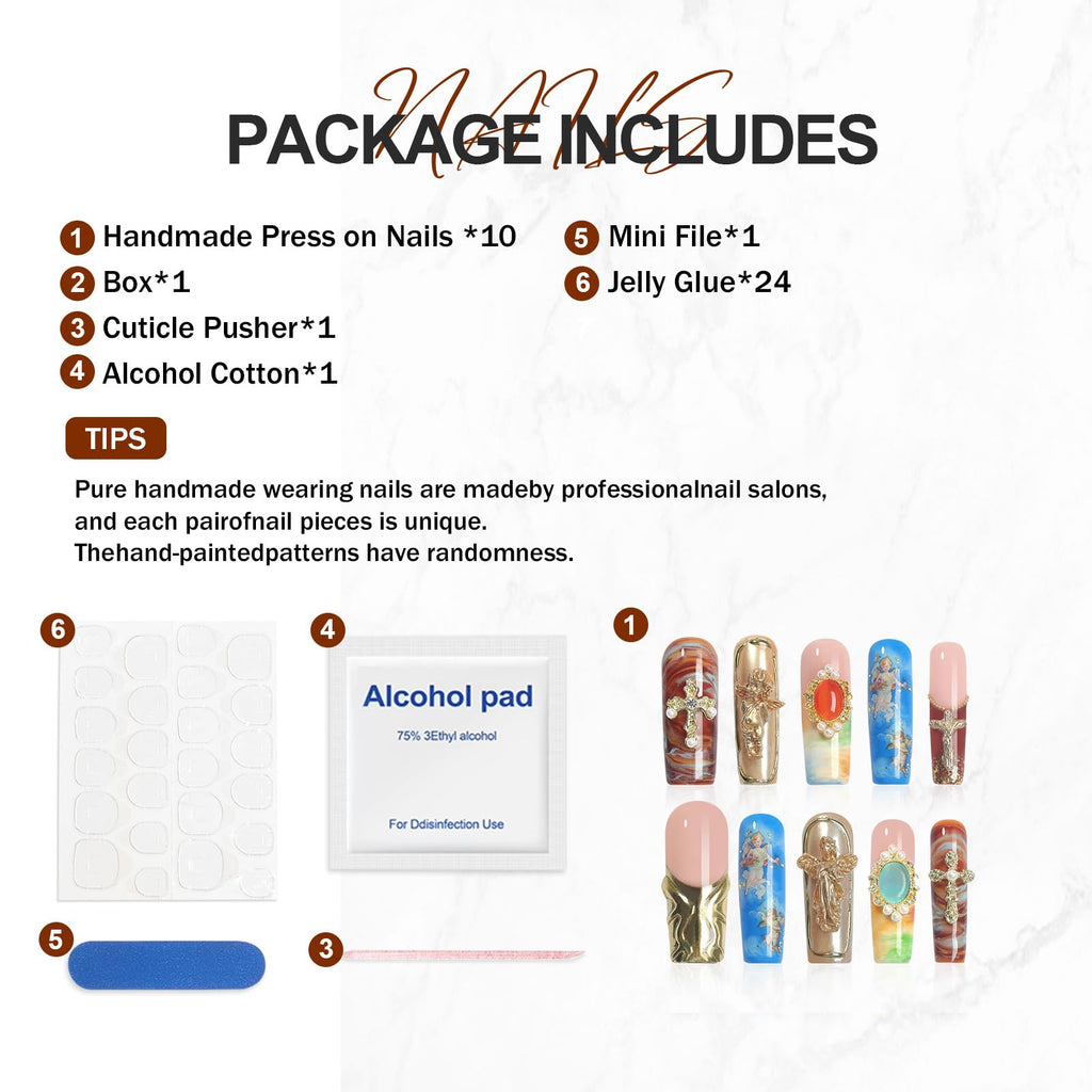 Homsera Handmade Press-On Nails – 3D Cherub & Cloud Design with Luminous Ethereal Base | Reusable At-Home Manicure