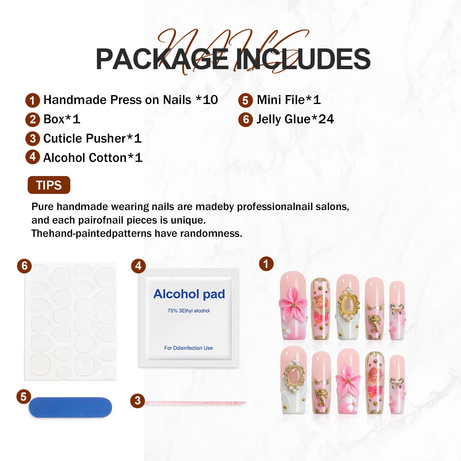 Homsera Elegant Press-On Nails - 3D Pink Rose Design, Luxury Glossy Reusable