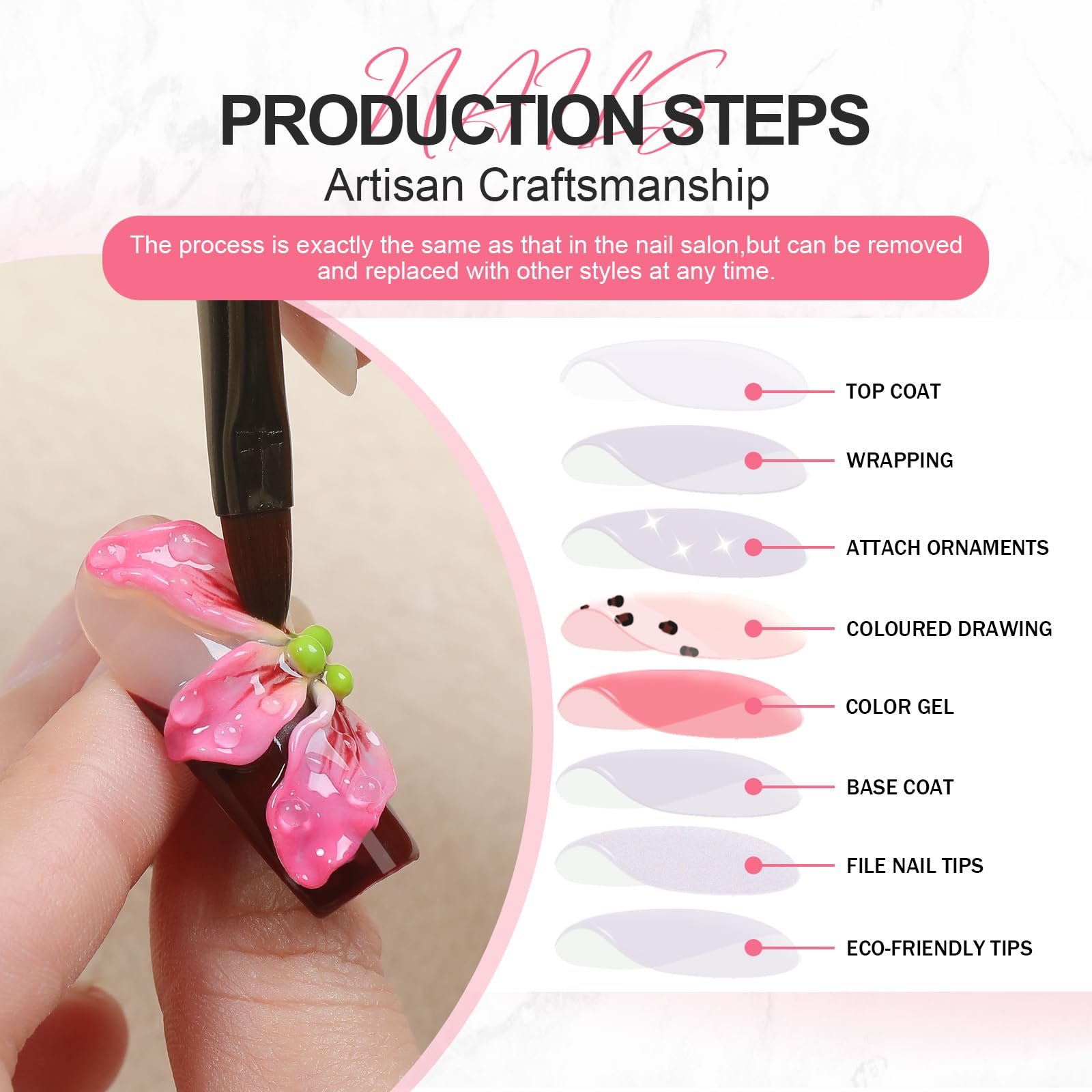 Homsera Elegant Press-On Nails – 3D Pink Rose, Luxury Glossy Full Cover