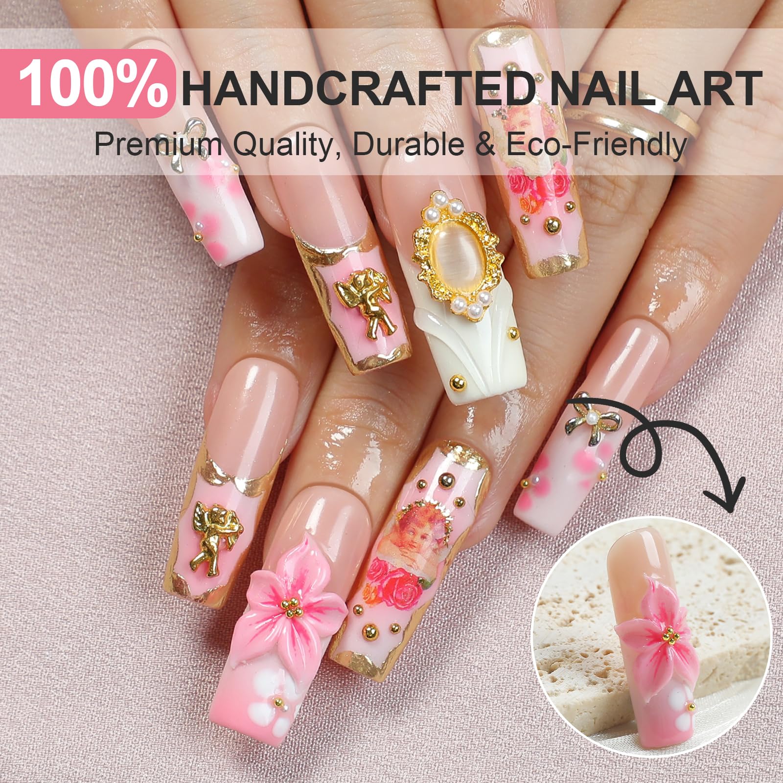 Homsera Elegant Press-On Nails - 3D Pink Rose Design, Luxury Glossy Reusable