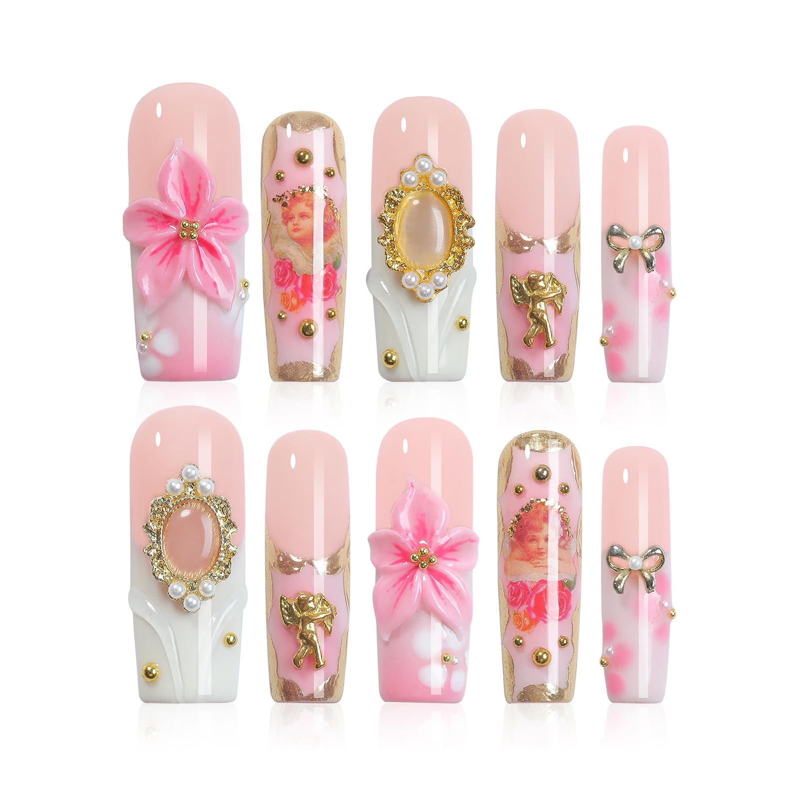 Homsera Elegant Press-On Nails – 3D Pink Rose, Luxury Glossy Full Cover
