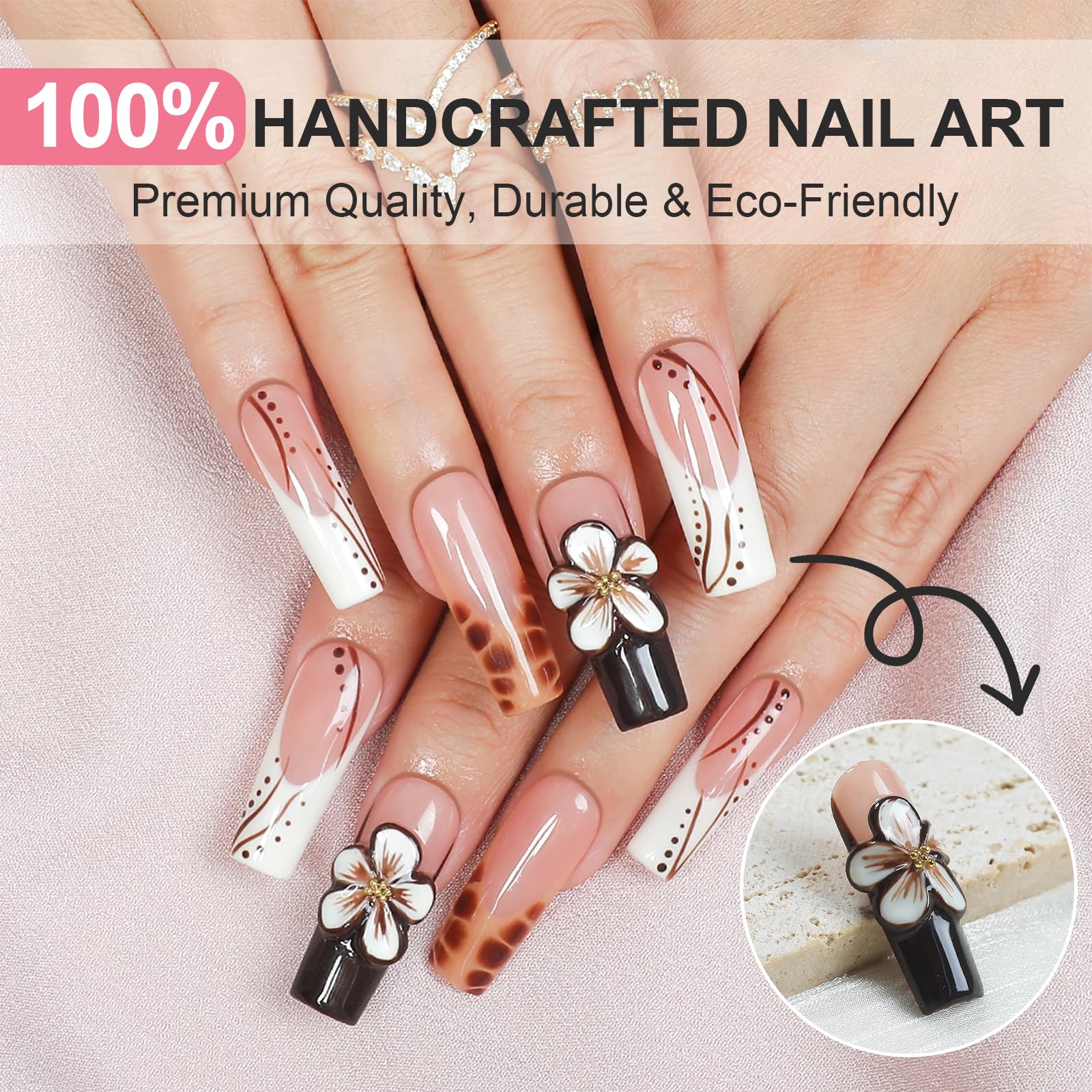 Homsera Ethereal Blossom Square Press-On Nails – Watercolor Marble & 3D Floral Embellishment