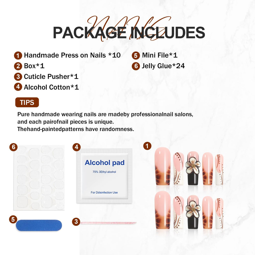Homsera Ethereal Blossom Square Press-On Nails – Watercolor Marble & 3D Floral Embellishment