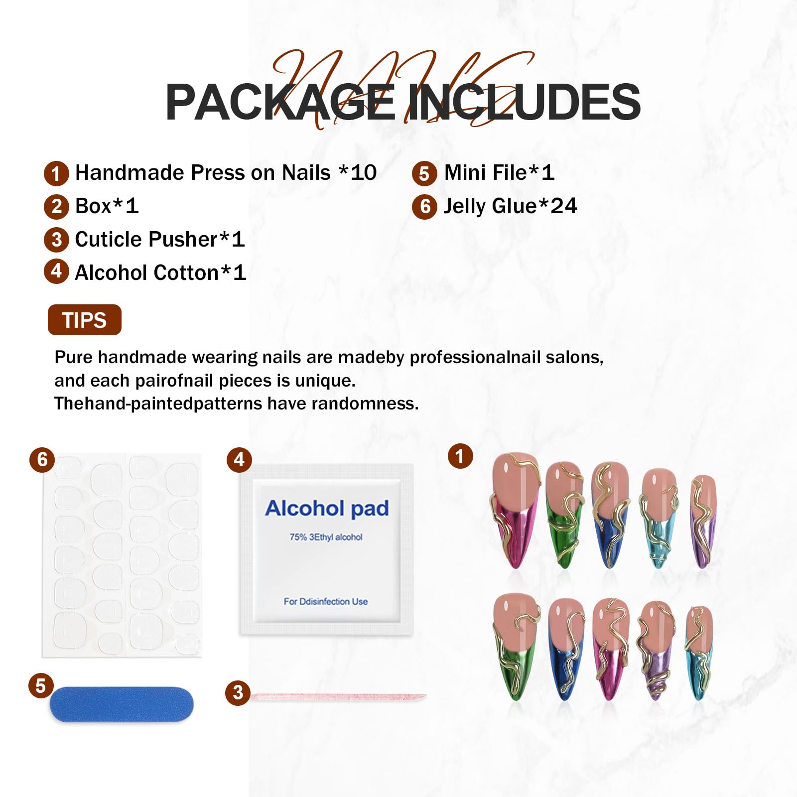 Homsera Handmade Long Pointed Press-On Nails – 10 Pcs Medium Length, French Snake Design