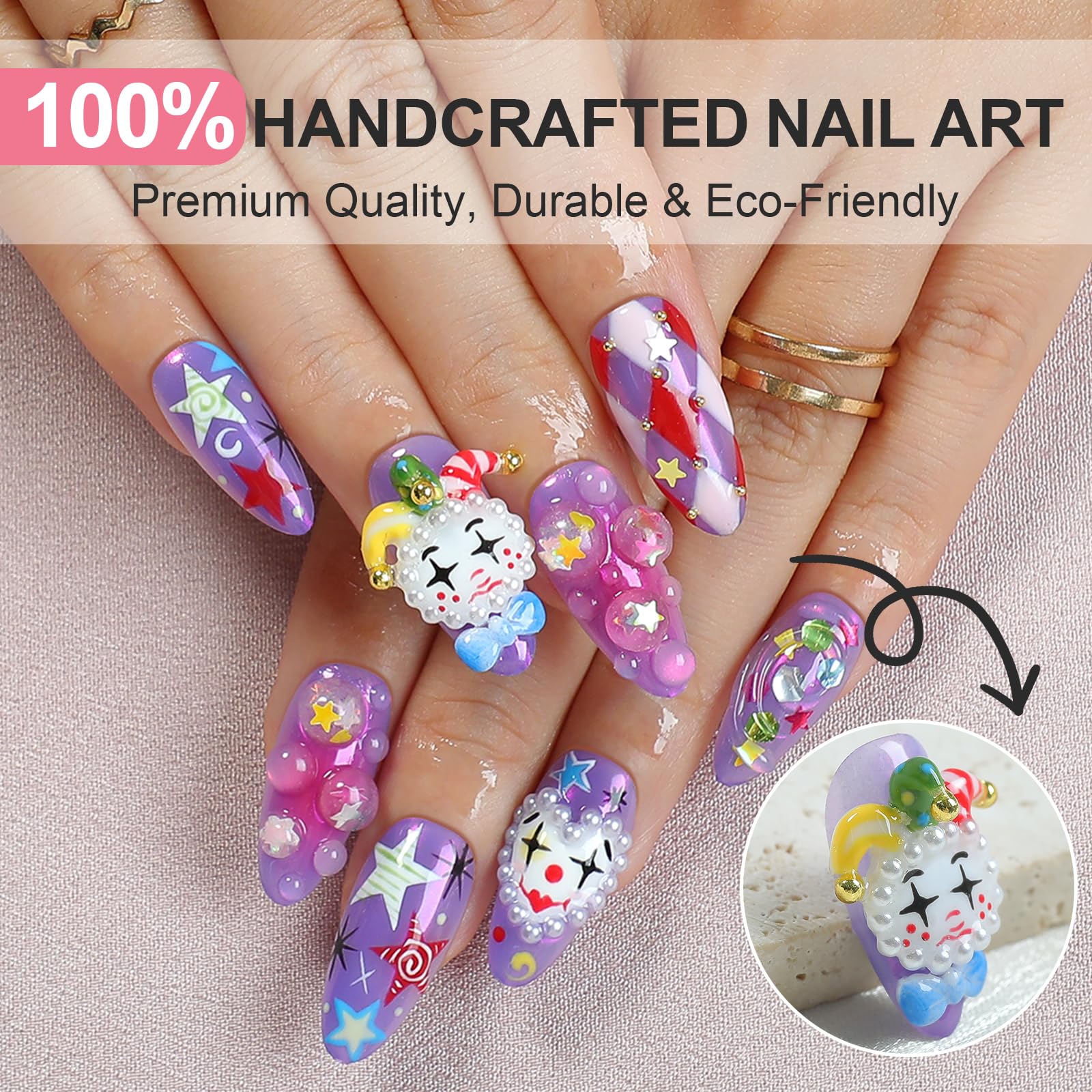 Homsera Handmade Press On Nails – Almond Shape, French Tips, 3D Joker Design, Reusable 10 Pcs