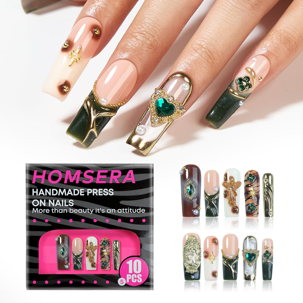 Homsera 3D Angel Press-On Nails - Coffin Shape, Luxury Golden Divine Design