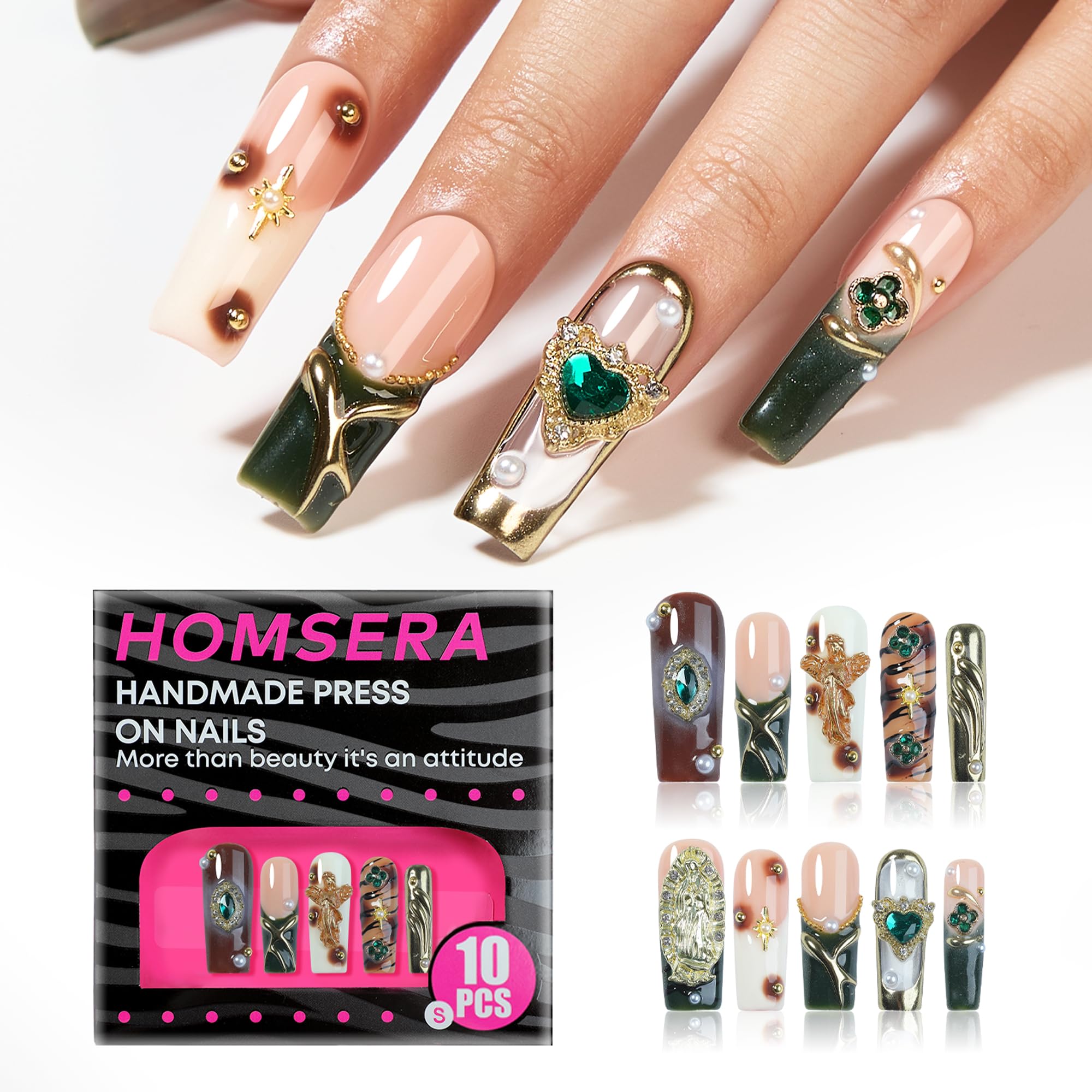 Homsera 3D Angel Press-On Nails - Coffin Shape, Luxury Golden Divine Design