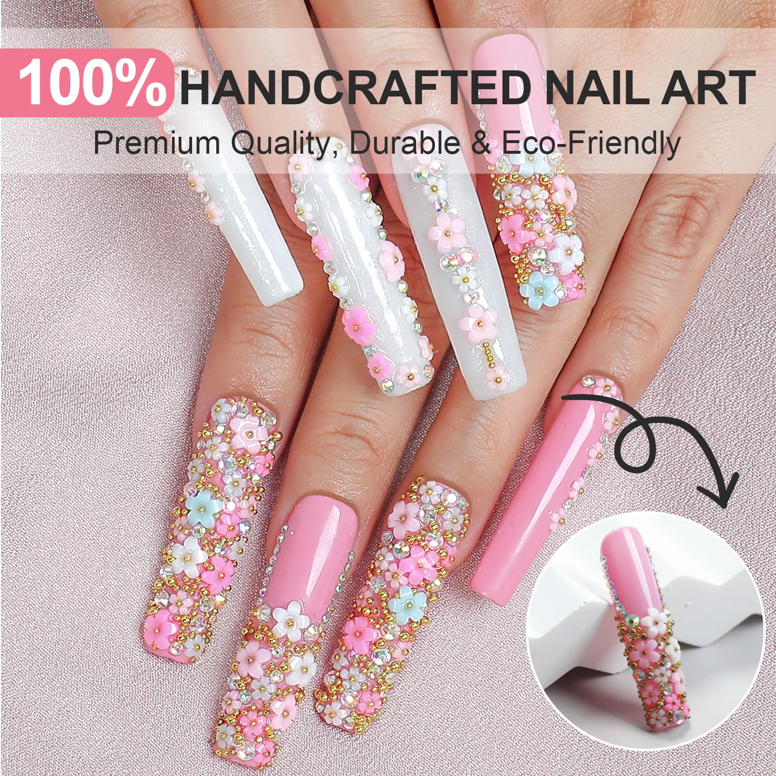 Homsera Handmade Press-On Nails – Luxury Rhinestone Decor Pink Floral Coffin Nails