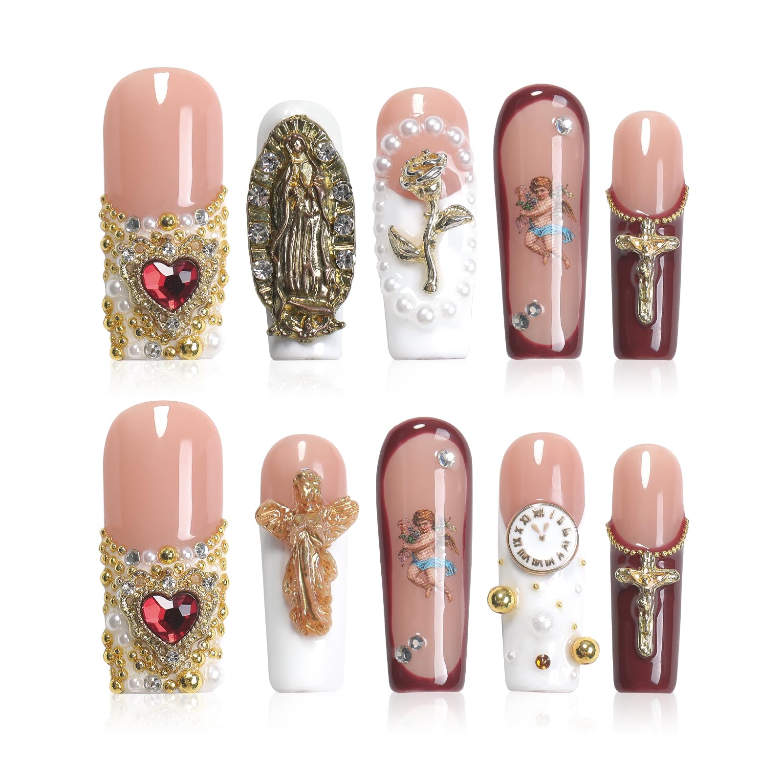 Homsera Handmade Long Coffin Press-On Nails – Reusable Glossy Stick-On Nails for Women