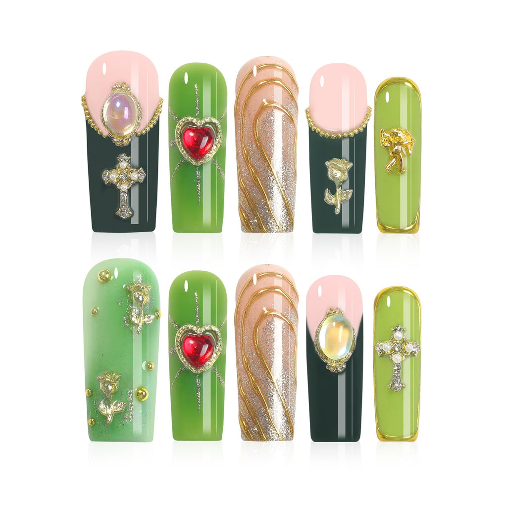 Homsera Handmade Press-On Nails – Long Square XL Green & Gold Glitter with 3D Flower, Heart & Cross (10 Pcs)