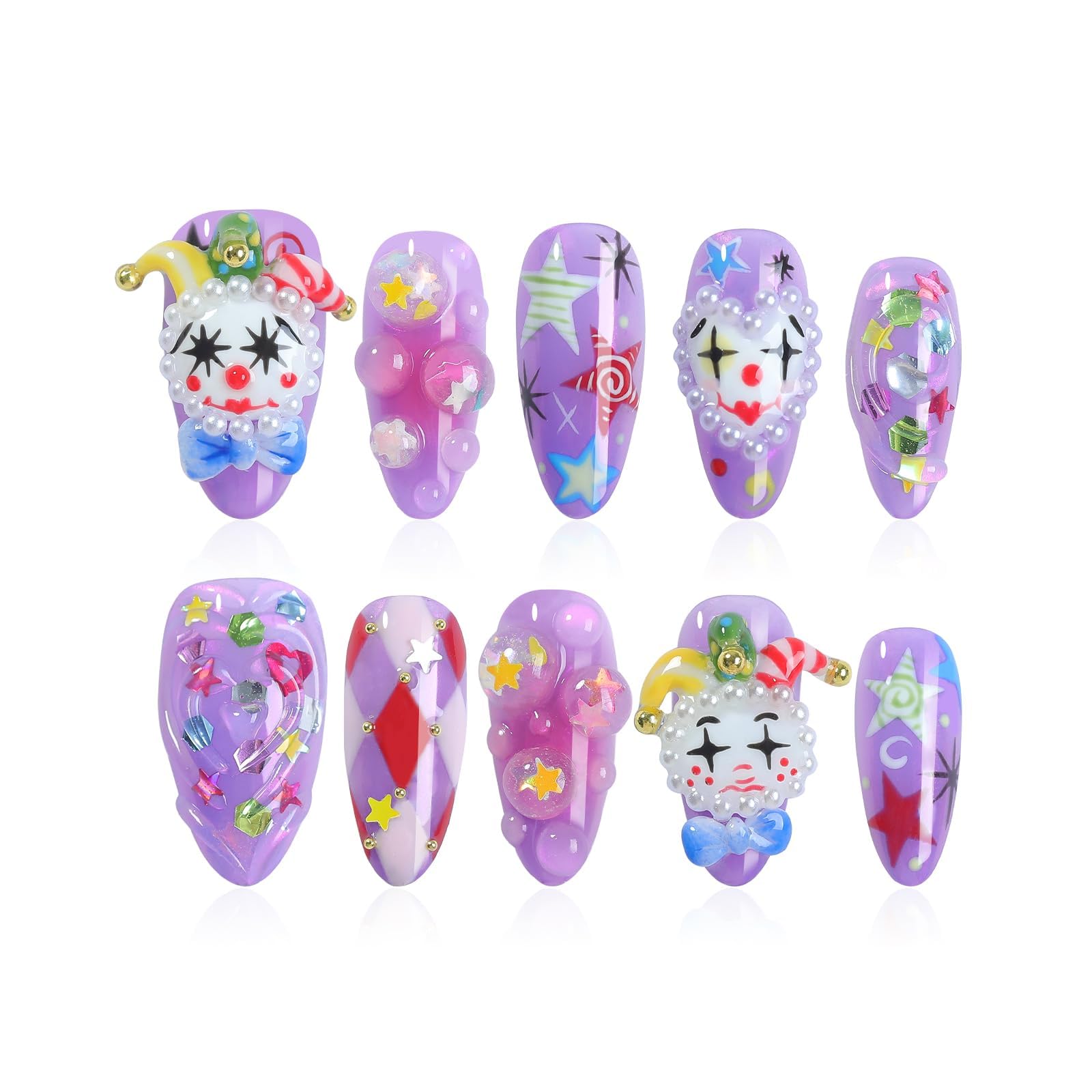 Homsera Handmade Press On Nails – Almond Shape, French Tips, 3D Joker Design, Reusable 10 Pcs
