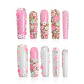 Homsera Handmade Rhinestone Nails – Pink Flowers, Glossy Coffin Press-On Set