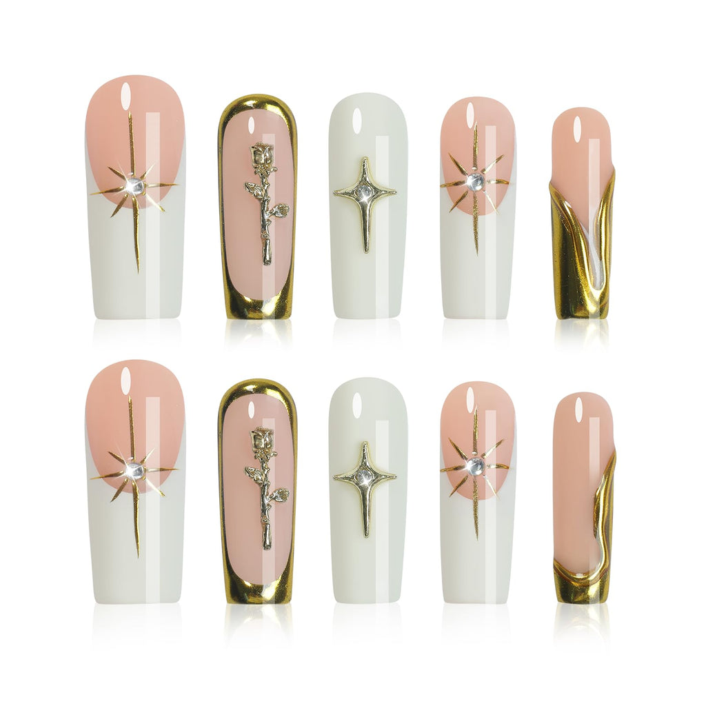 Homsera Handmade XL White Press On Nails – Long Square French Tips with 3D Sun Flower Charms, 10-Piece Reusable Glam Nails