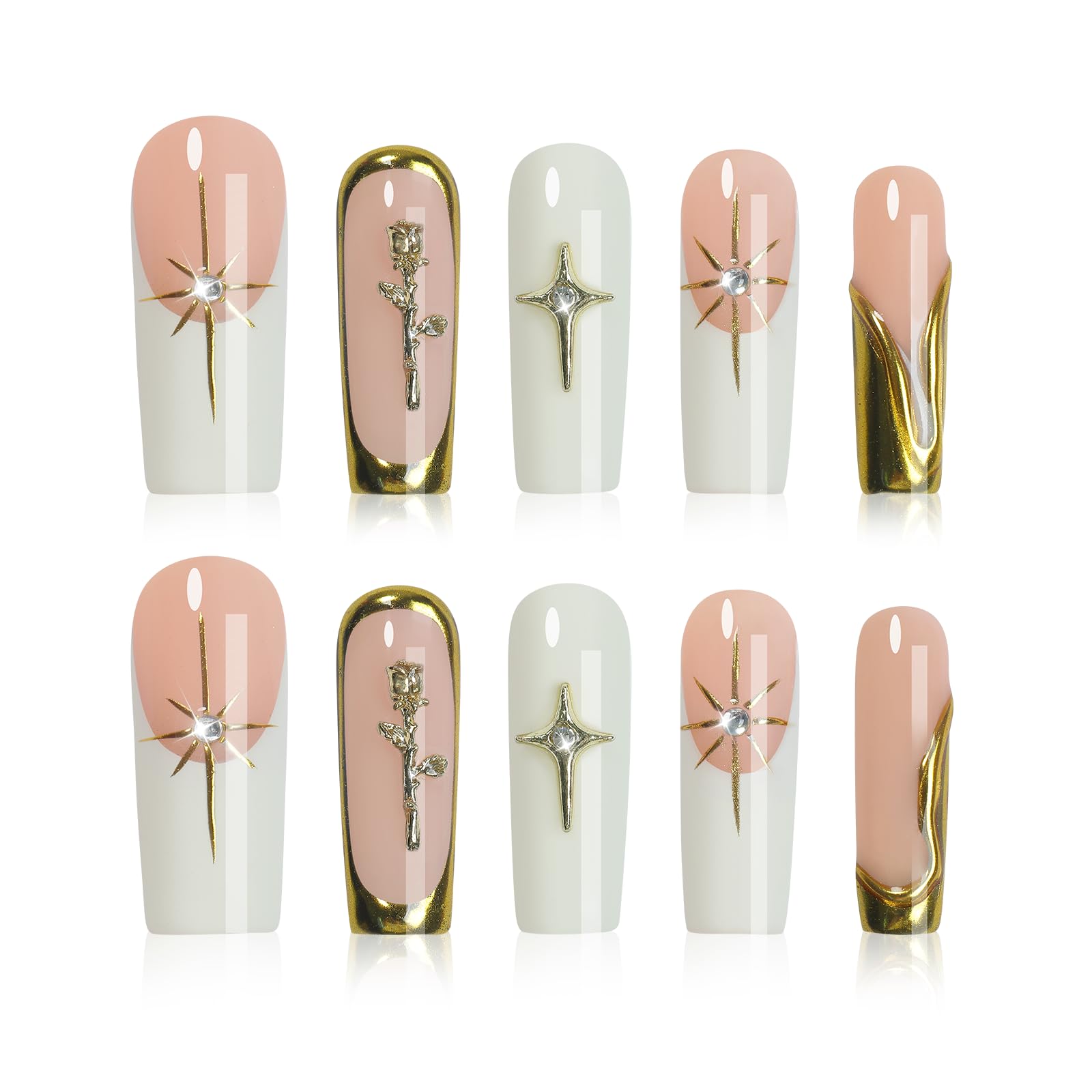 Homsera Handmade XL White Press On Nails – Long Square French Tips with 3D Sun Flower Charms, 10-Piece Reusable Glam Nails