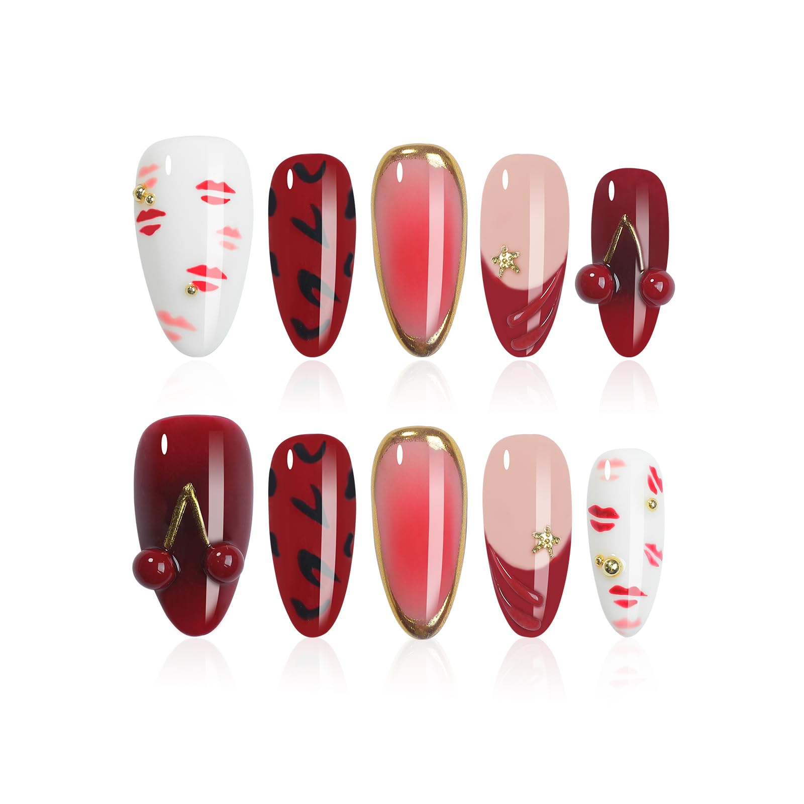 Homsera Handmade Press On Nails – Almond Shape, Valentine’s Day 3D Cherry & Hickey, Luxury French Tips, Reusable, 10pcs