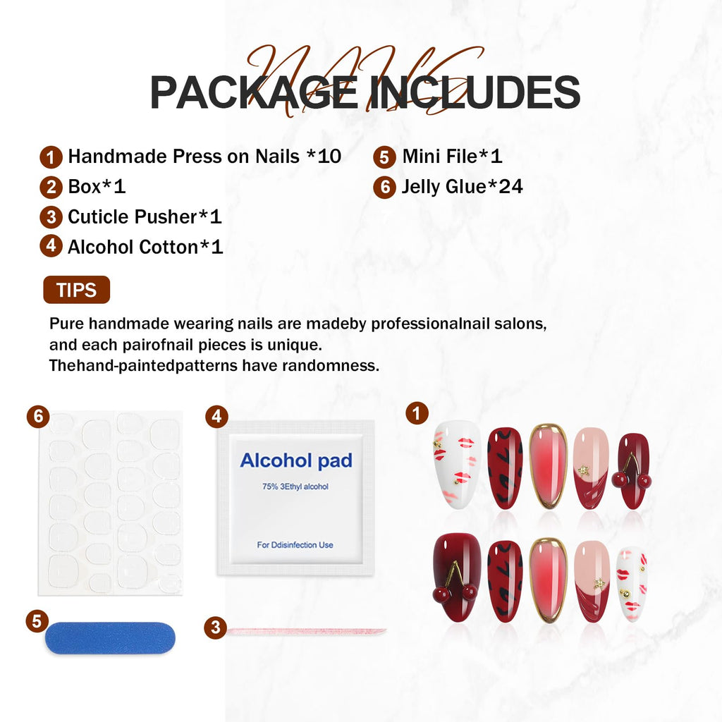 Homsera Handmade Press On Nails – Almond Shape, Valentine’s Day 3D Cherry & Hickey, Luxury French Tips, Reusable, 10pcs