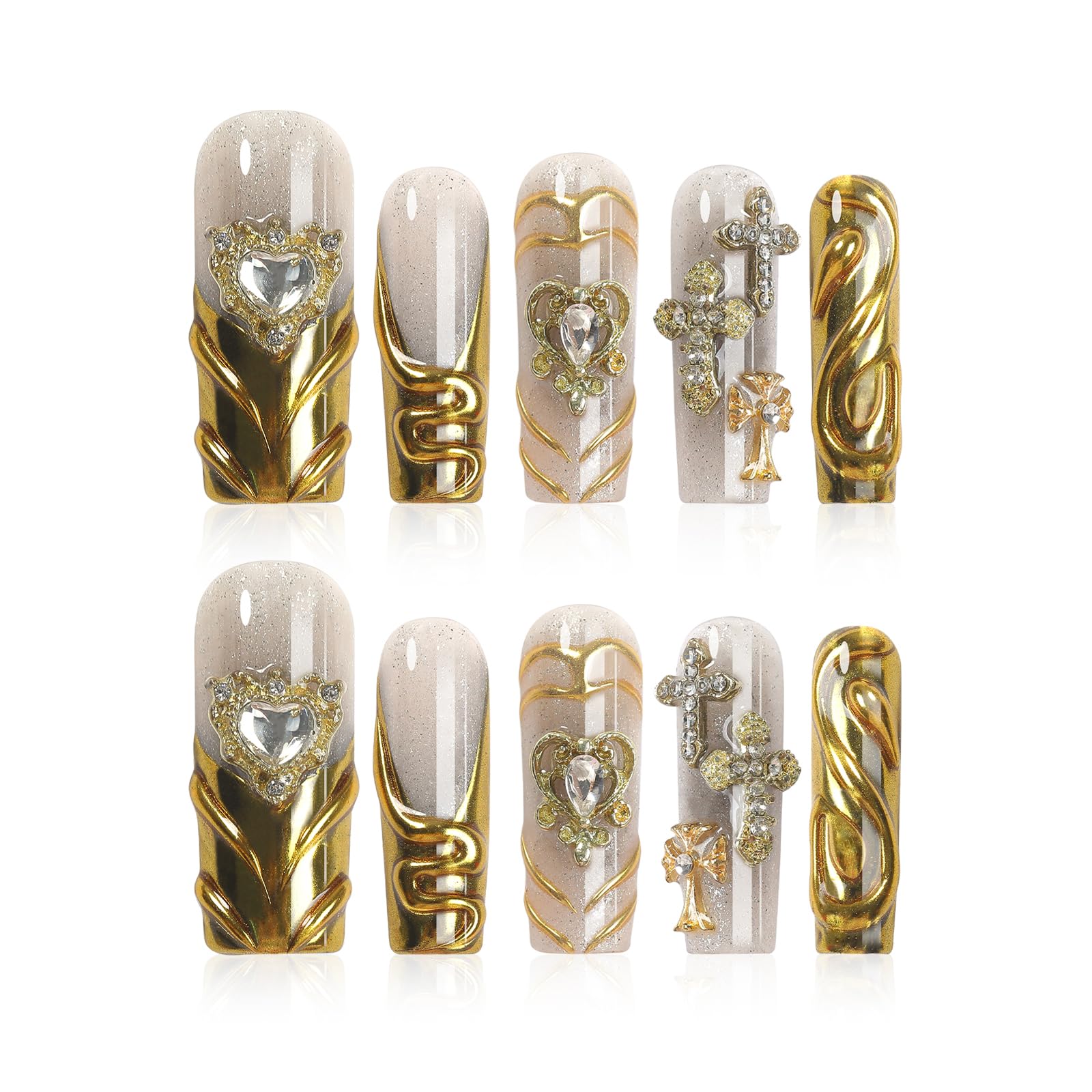 Homsera Handmade XL Press-On Nails – Gold French Tips with 3D Cross Heart Charms