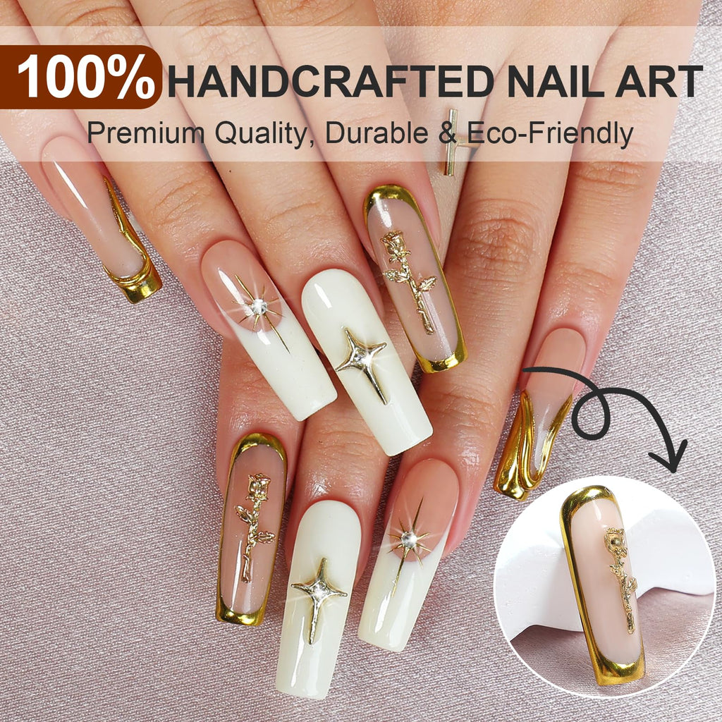 Homsera Handmade XL White Press On Nails – Long Square French Tips with 3D Sun Flower Charms, 10-Piece Reusable Glam Nails