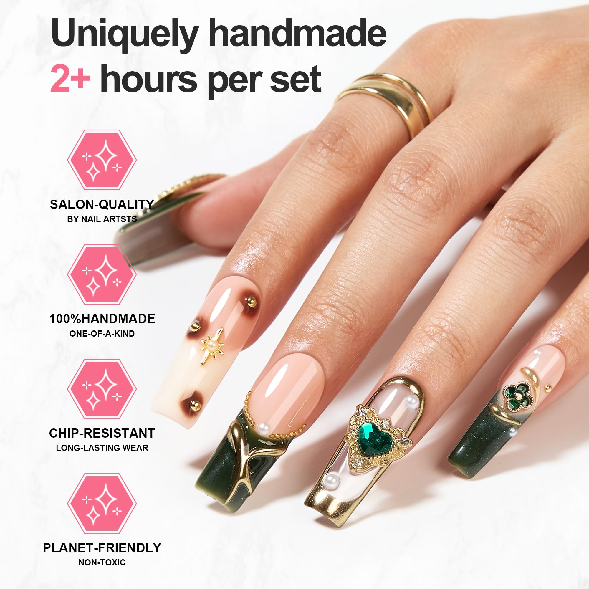Homsera 3D Angel Press-On Nails - Coffin Shape, Luxury Golden Divine Design