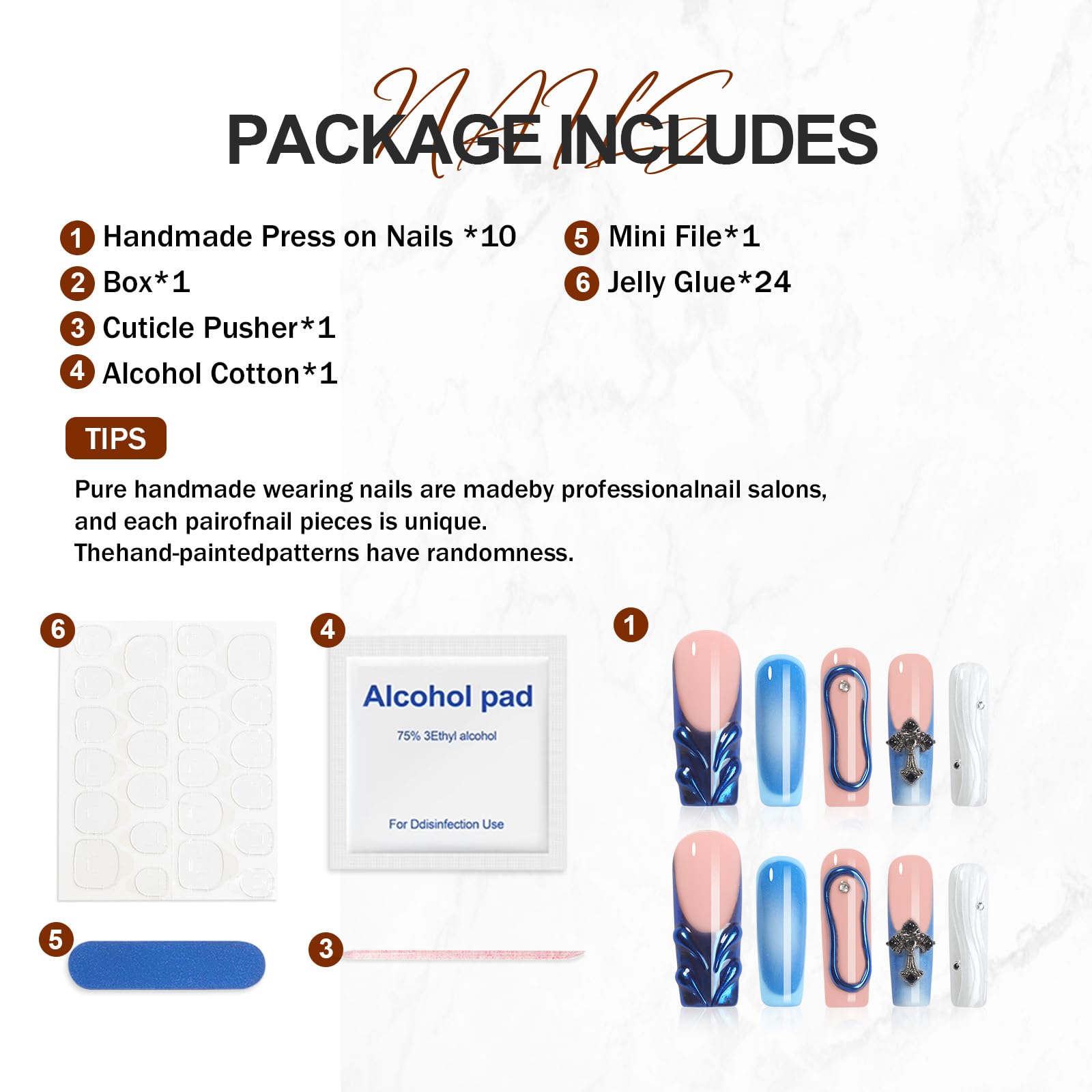 Homsera Blue Handmade XL Long Square Press-On Nails with 3D Cross & Circle Decor – Reusable Full-Cover Acrylic Nails