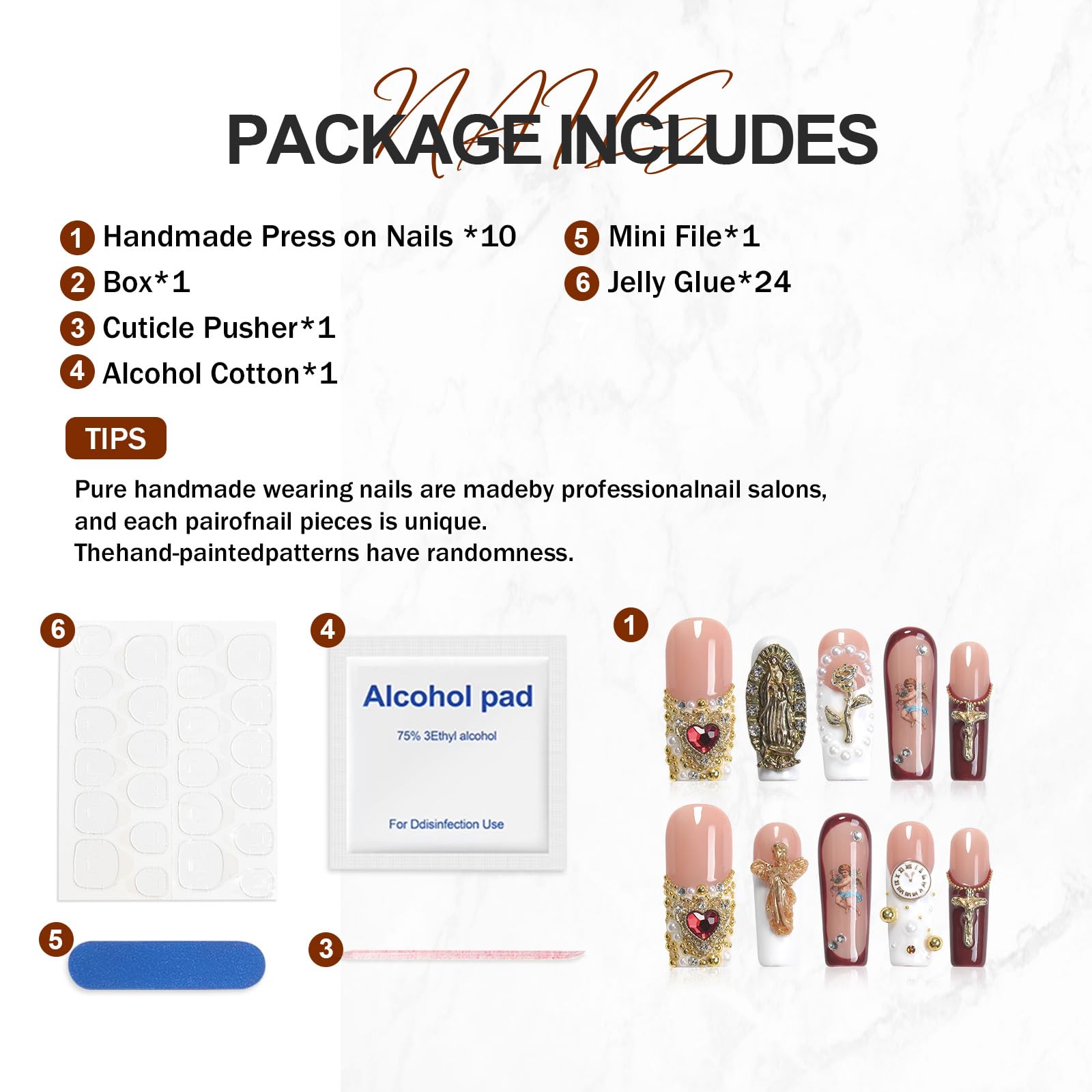 Homsera Handmade Long Coffin Press-On Nails – Reusable Glossy Stick-On Nails for Women