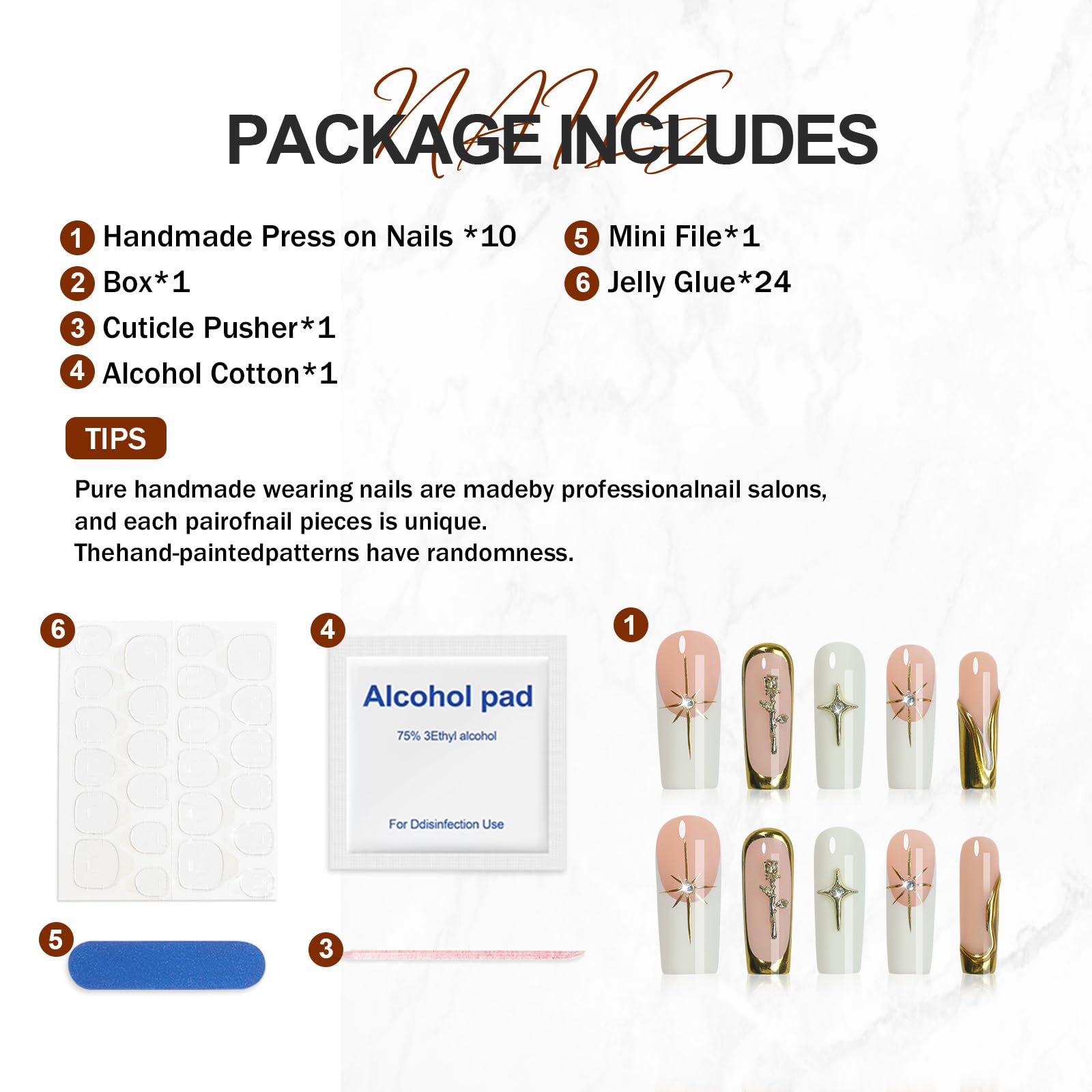 Homsera Blue Handmade Long Square Press-On Nails XL – French Tip 3D Cross & Circle, Reusable Full Cover
