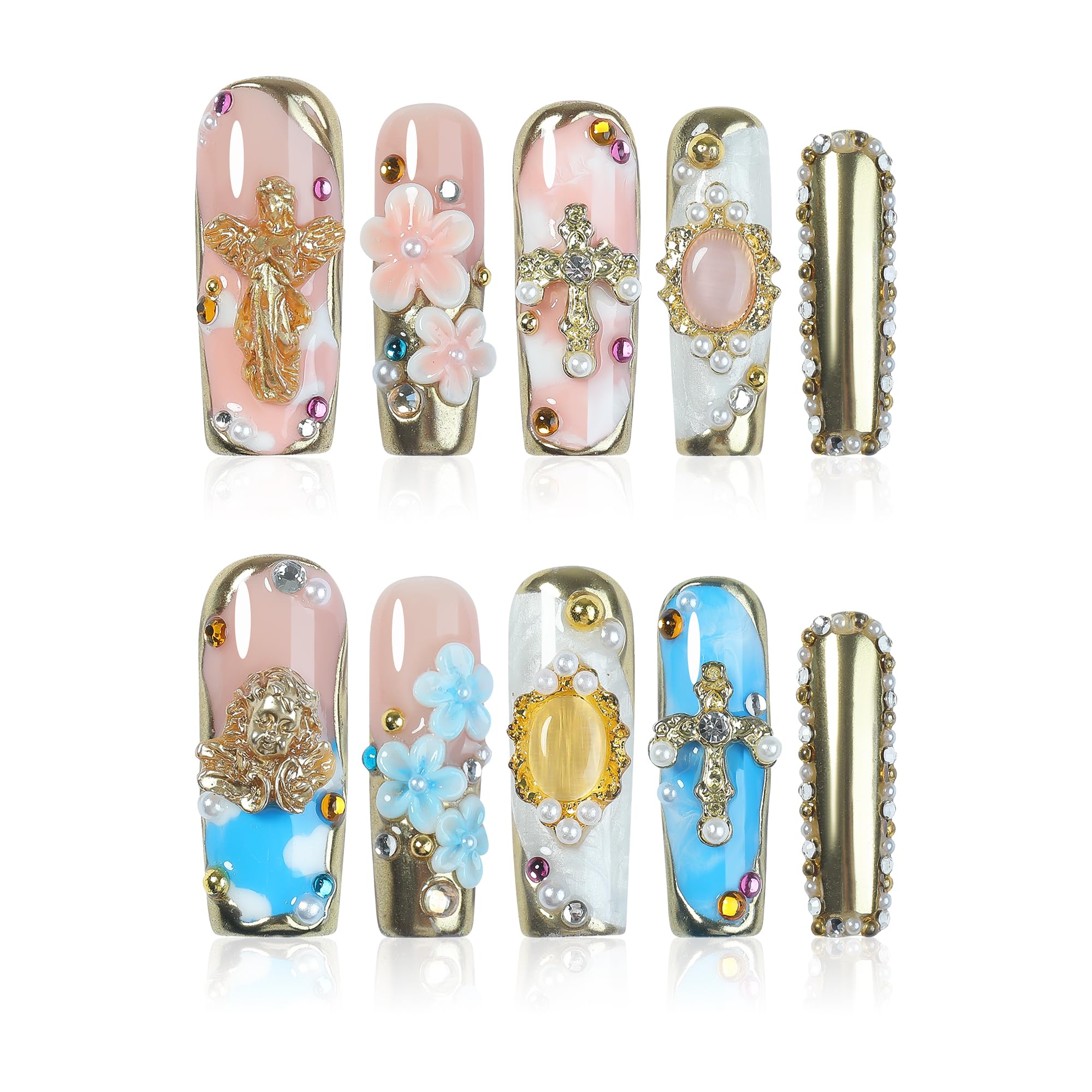 Homsera Opulent Handmade Press-On Nails – Intricate Square Nails for Weddings & Events